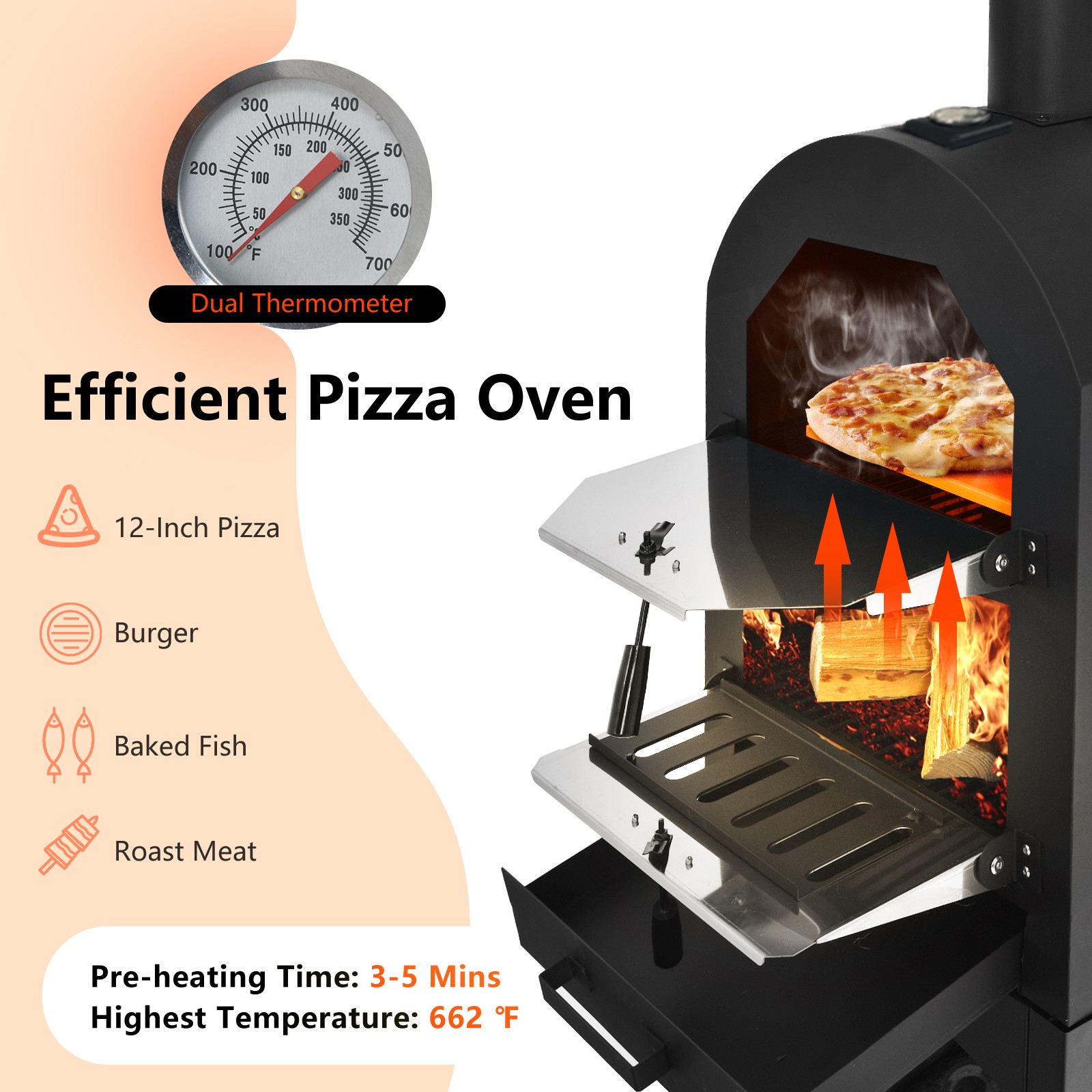 Pizza Oven Wood Fire Pizza Maker Grill w/ Waterproof Cover&Pizza Stone Outdoor