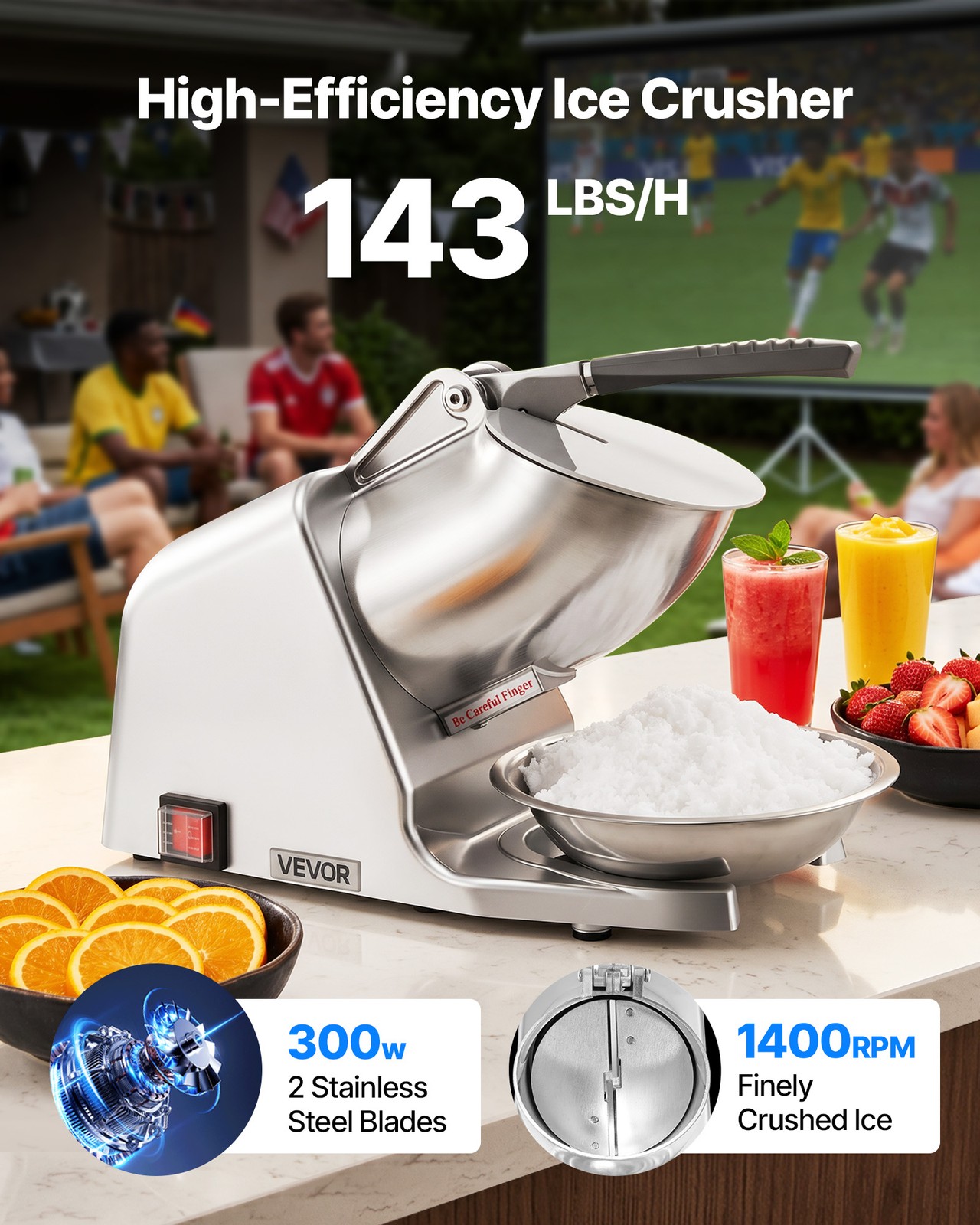 VEVOR Commercial Ice Crusher 143LBS/H Electric Snow Cone Maker Shaved Ice Silver