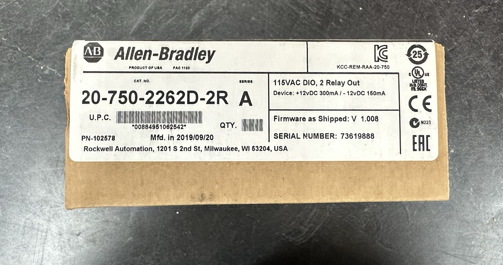 ALLEN BRADLEY POWERFLEX 750 115VAC DIO 2 RELAY SERIES A FW 1.008 20-750-2262D-2R