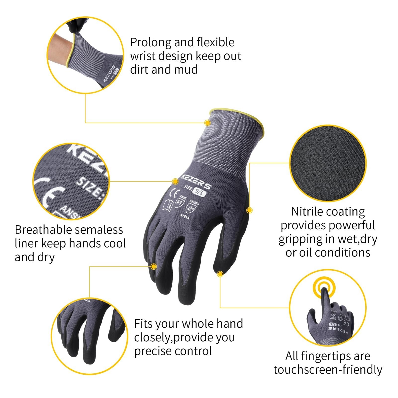 KEZERS Work Gloves with Nitrile Coat Micro Foam Grip on Palm and Fingers,12Pa…