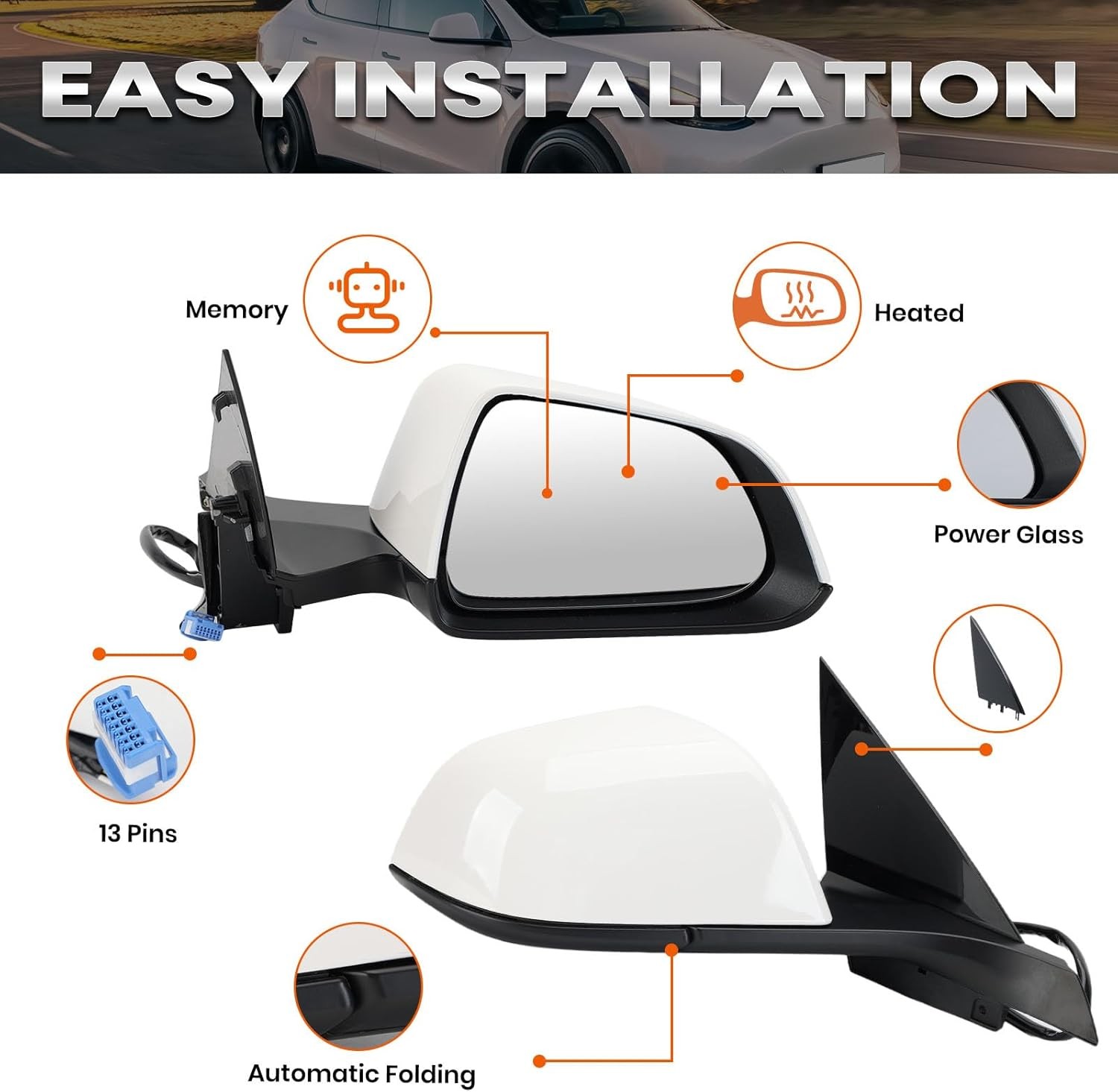 Right Passenger Side Mirror Compatible with Tesla Model 3 2017-2023 Replacement