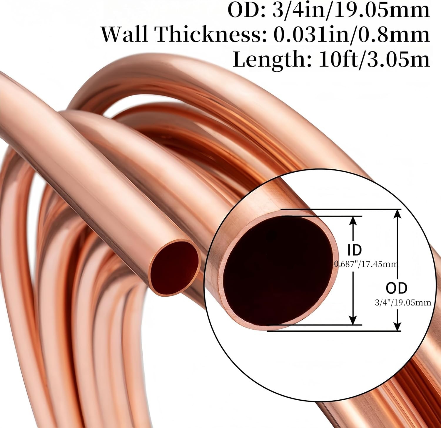 Copper Tubing 3/4″ OD x 0.687″ x 10 ft, 99.9% C12200 ASTM B280 Refrigeration …