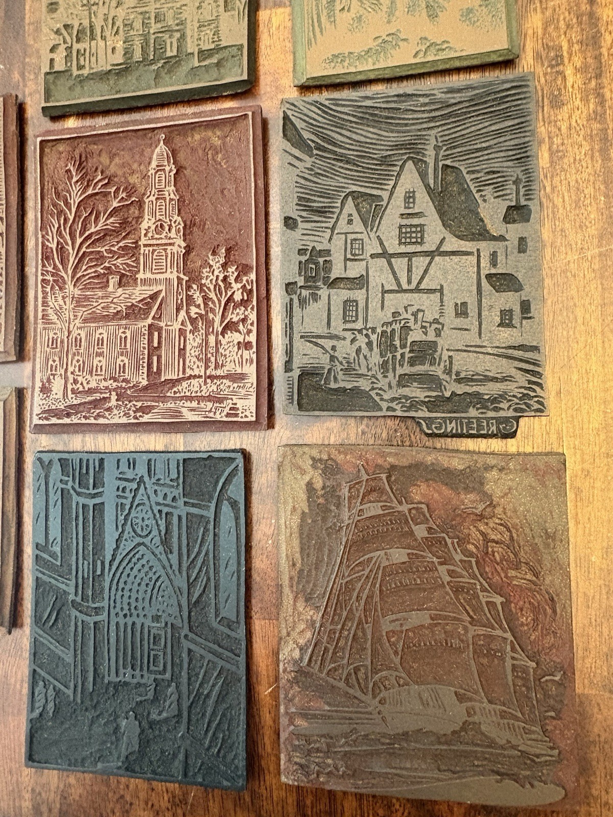 Lot Of 8 Vintage Carved Printing Blocks Religious Sailing