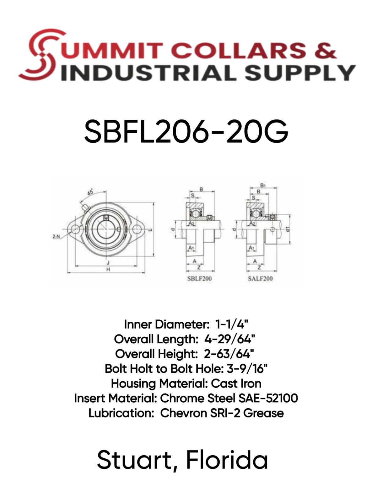 (10 PIECES) 1-1/4″ LIGHT DUTY 2 Bolt Flange Bearing, SBLF206-20G SBLF206