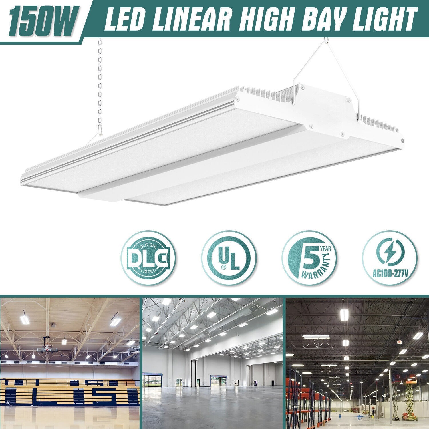 LED Linear High Bay Shop Light 150W 22,500LM 5000K Commercial Factory Shop Light