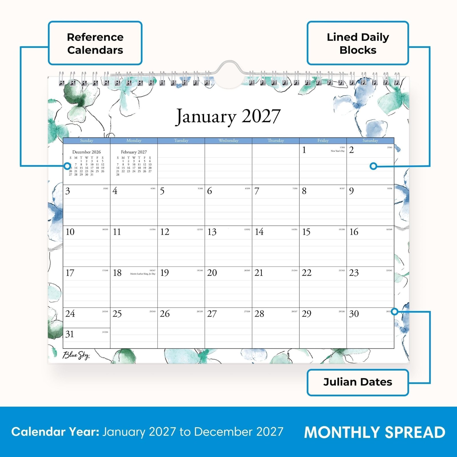 Blue Sky 2027 Monthly Wall Calendar, January 2027 – December 2027, Durable Tw…