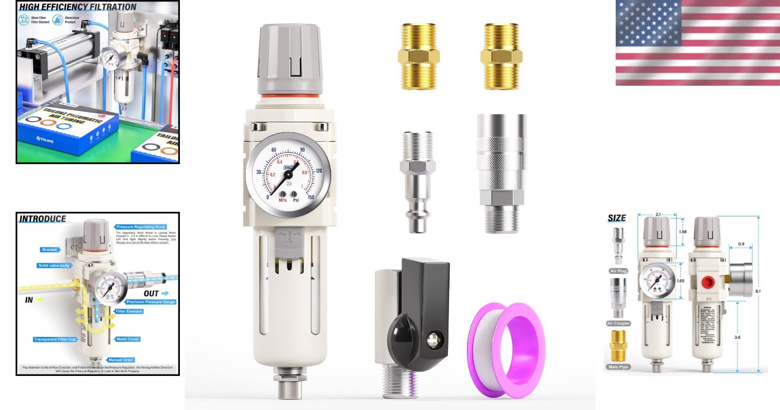 Durable Air Filter Regulator Combo – 3/8″ NPT with Semi-Auto Drain & Gauge