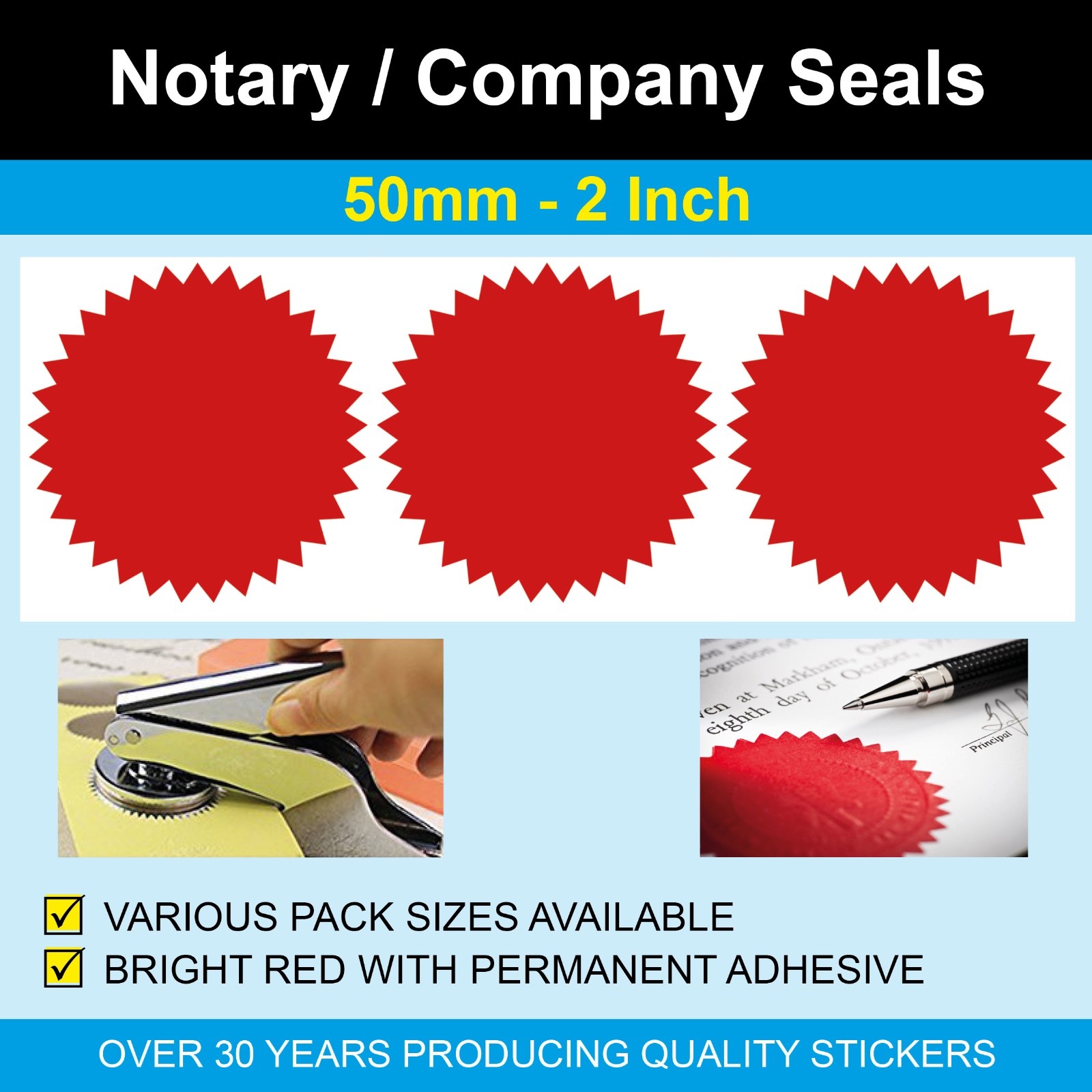 50mm (2 Inch) Red Notary Seals / Company, Legal or Certificate Starburst Seals