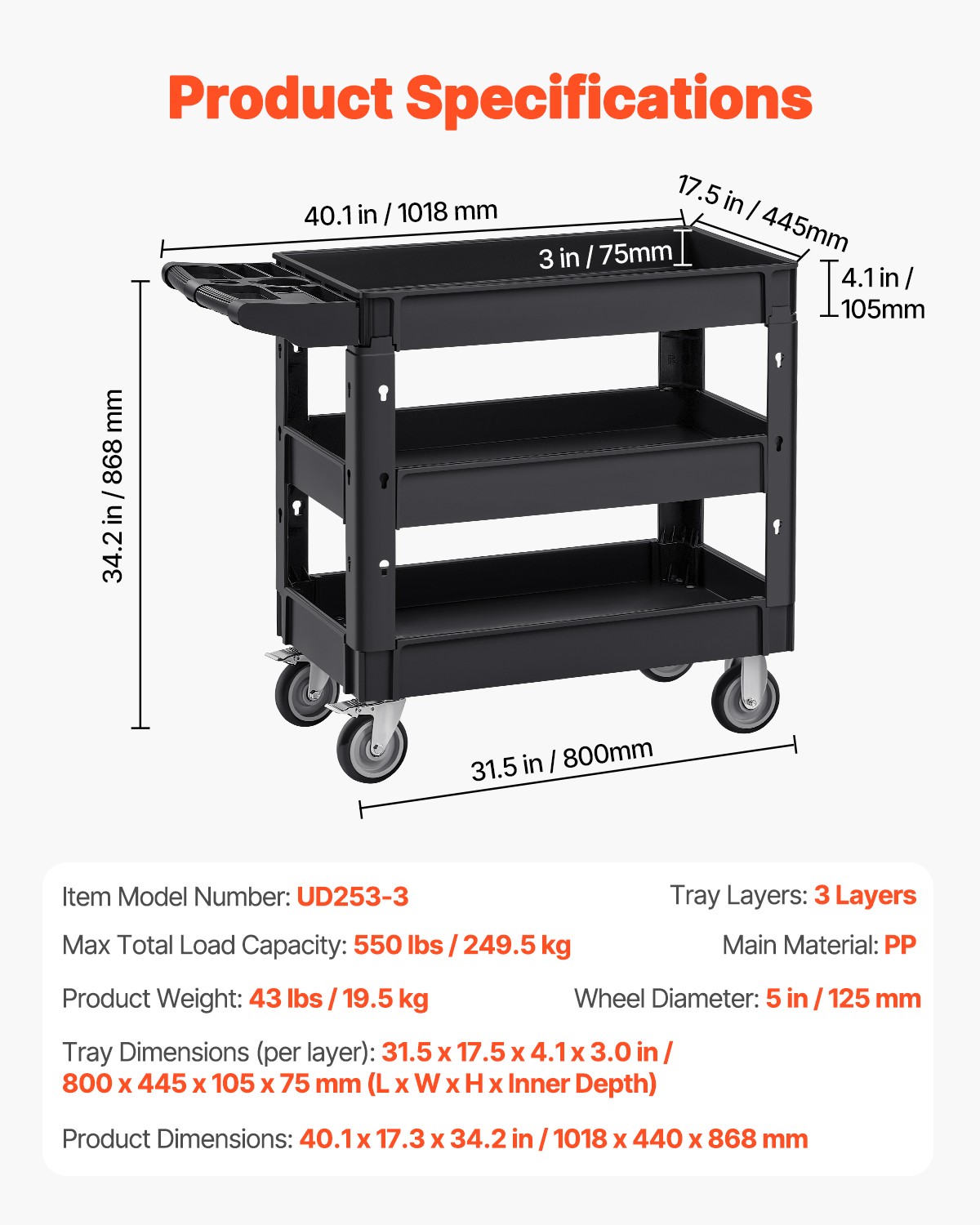 VEVOR Utility Service Cart 3 Shelf 550LBS 360° Swivel Wheels (2 with Brakes)