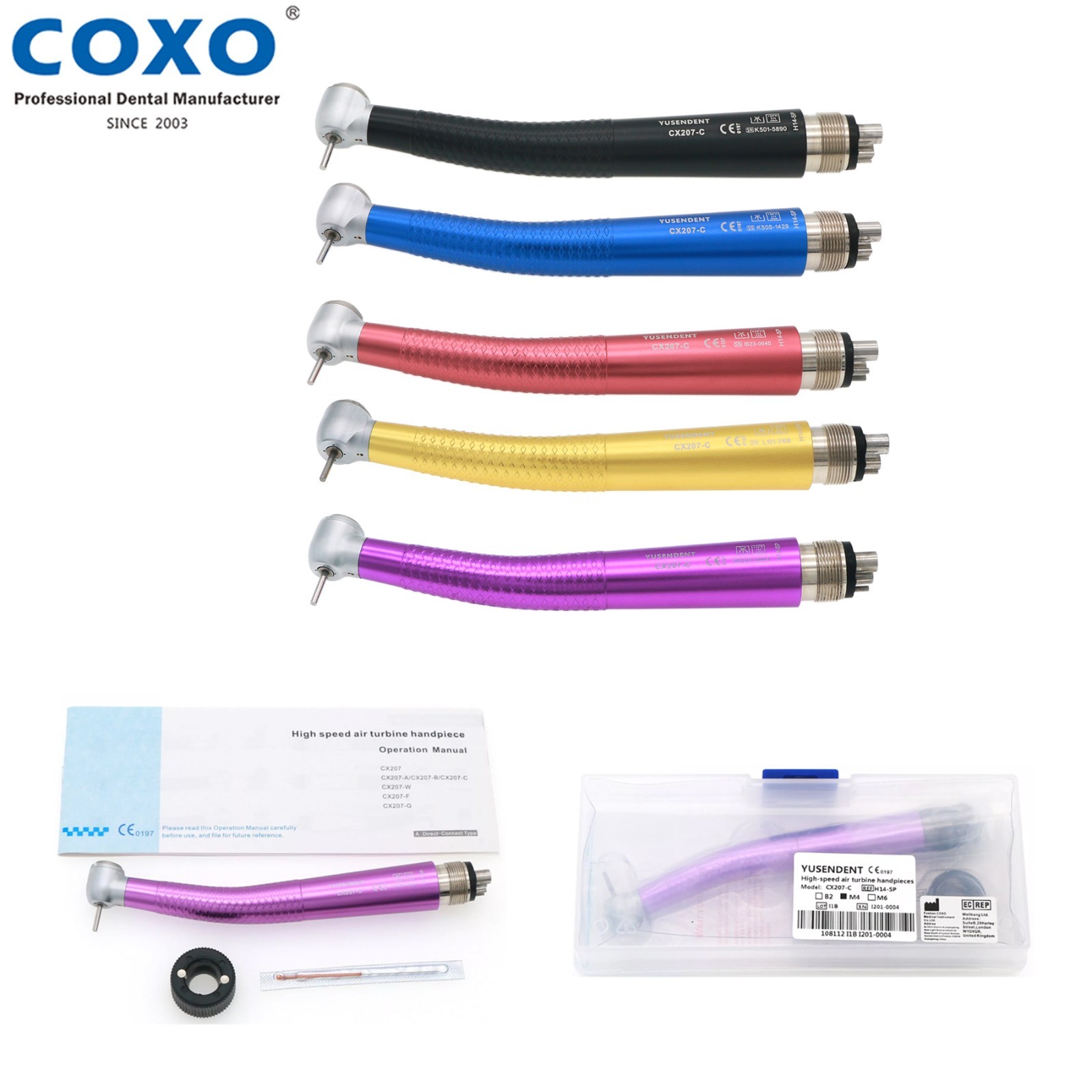 US COXO CX207-C High Speed Air Turbine Handpiece 4 Hole Colorful Anti-retraction