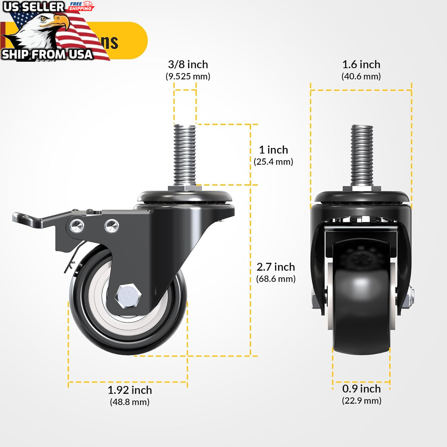 4pcs 2/3/4inch Swivel Threaded Stem Casters wheel 3/8″-16×1 W Brake tot 300lbs