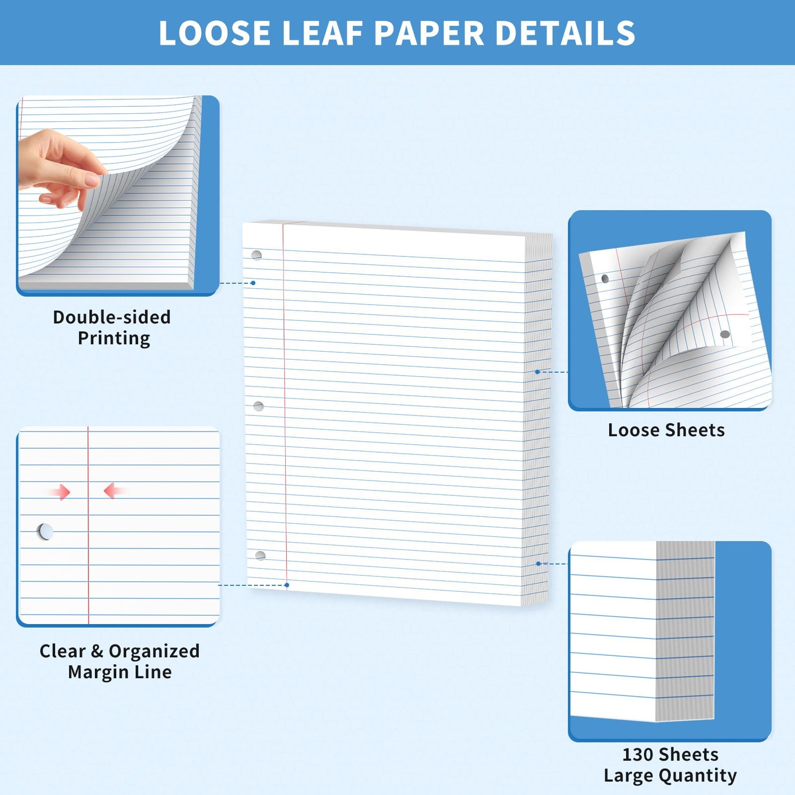 130 Sheets Loose Leaf Paper College Ruled Notebook Paper 8 x 10.5 Inch 3-Hole…