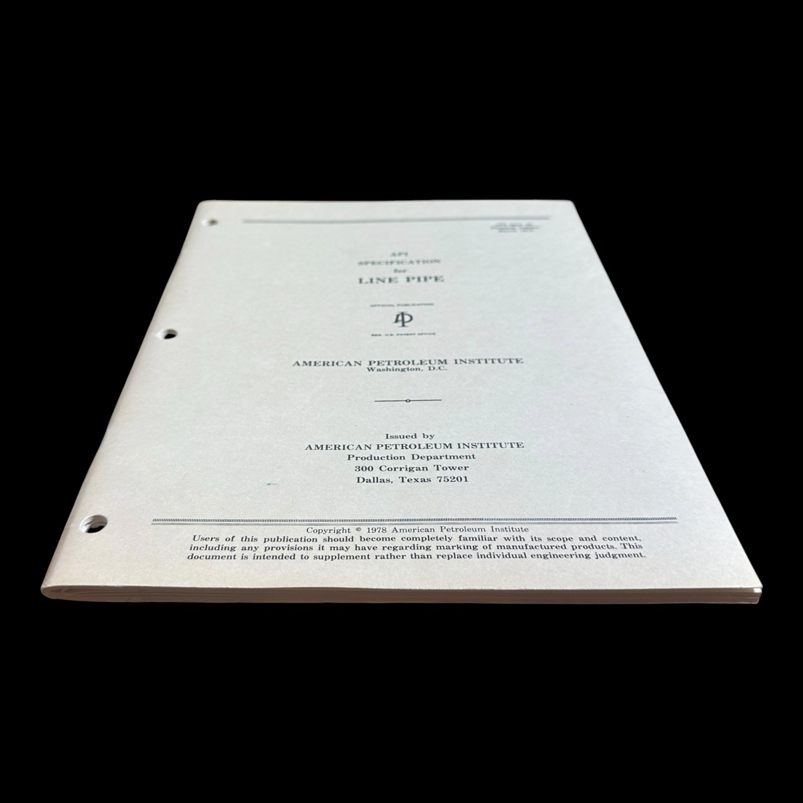 API Spec 5L Specification for Line Pipe 30th Edition March 1978 Manual