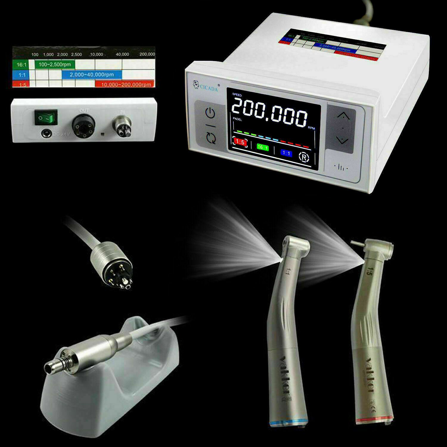 3rd Generation CICADA Dental Electric Motor + 1:1 + 1:5 Handpiece Contra Angle