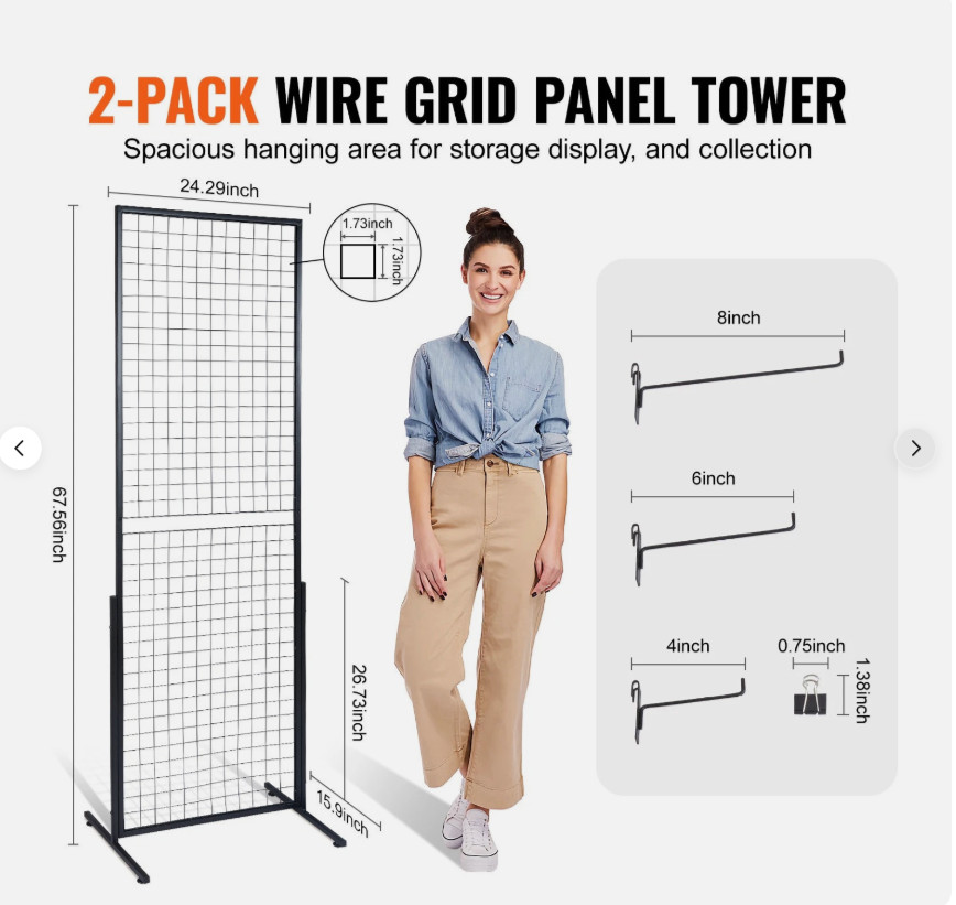 Gridwall Panel Tower with T-Base Floorstanding Display Kit, 2-Pack Black 2’x6′