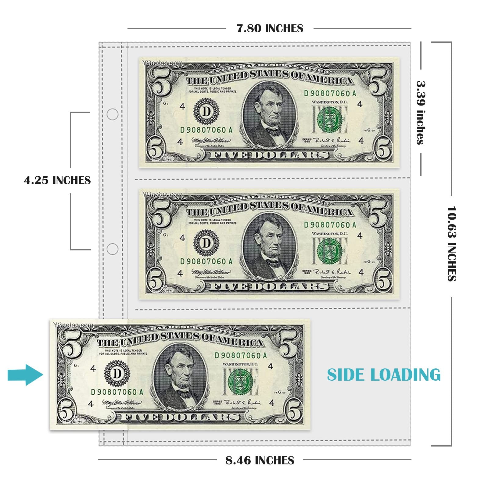 50 Sheets Currency Pages 3 Pockets Paper Money Protectors for 3 Ring Binders