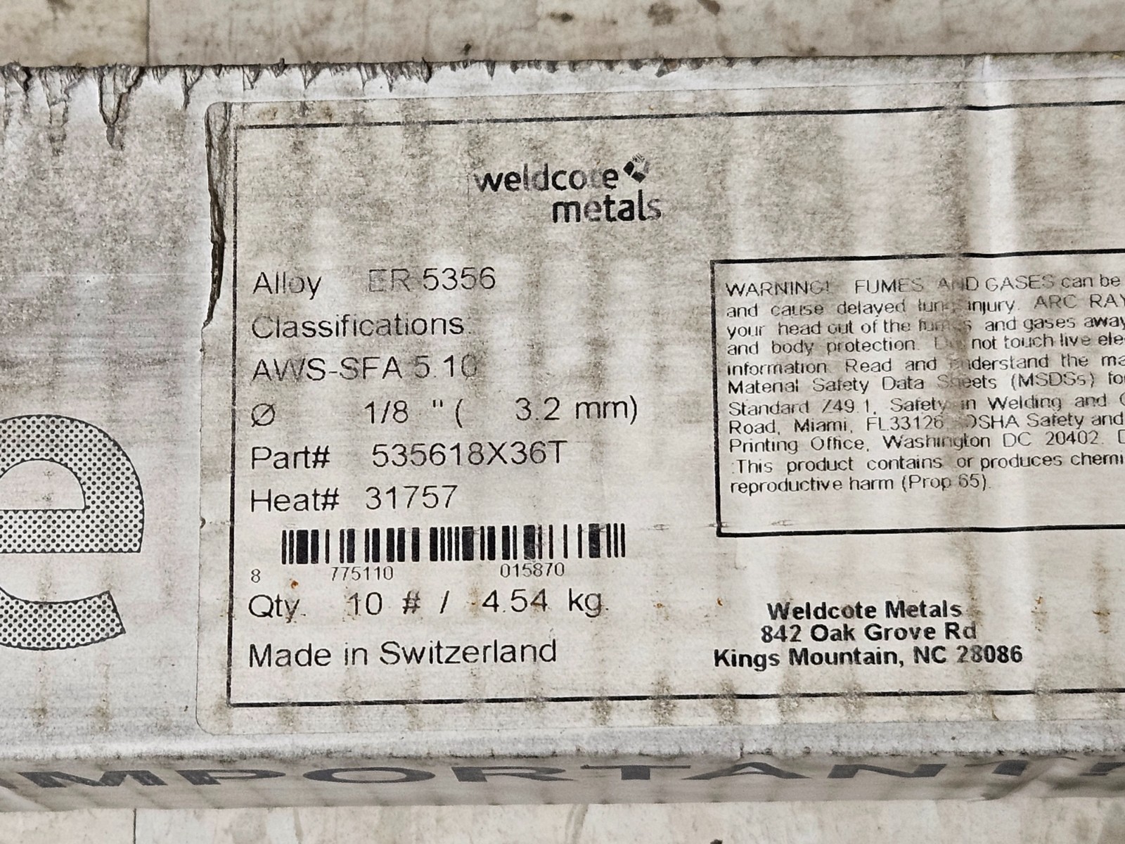 127Pcs 5.6Lbs Weldcote ER5356 Welding Rod AWS-SFA 5.10 1/8″ X 36″ New