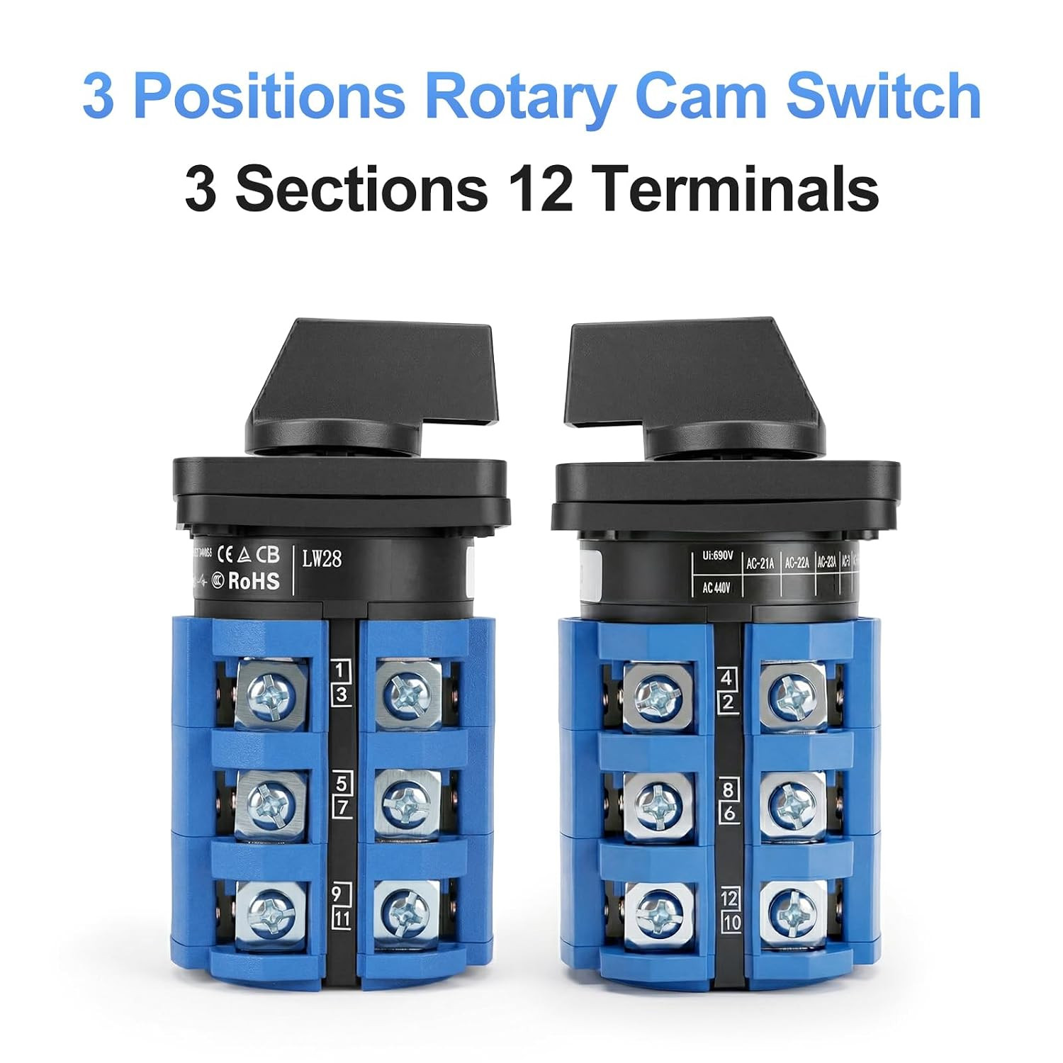 Rotary Changeover Switch,63A 3-Position,12-Terminal Cam Selector with 1-0-2 Circ