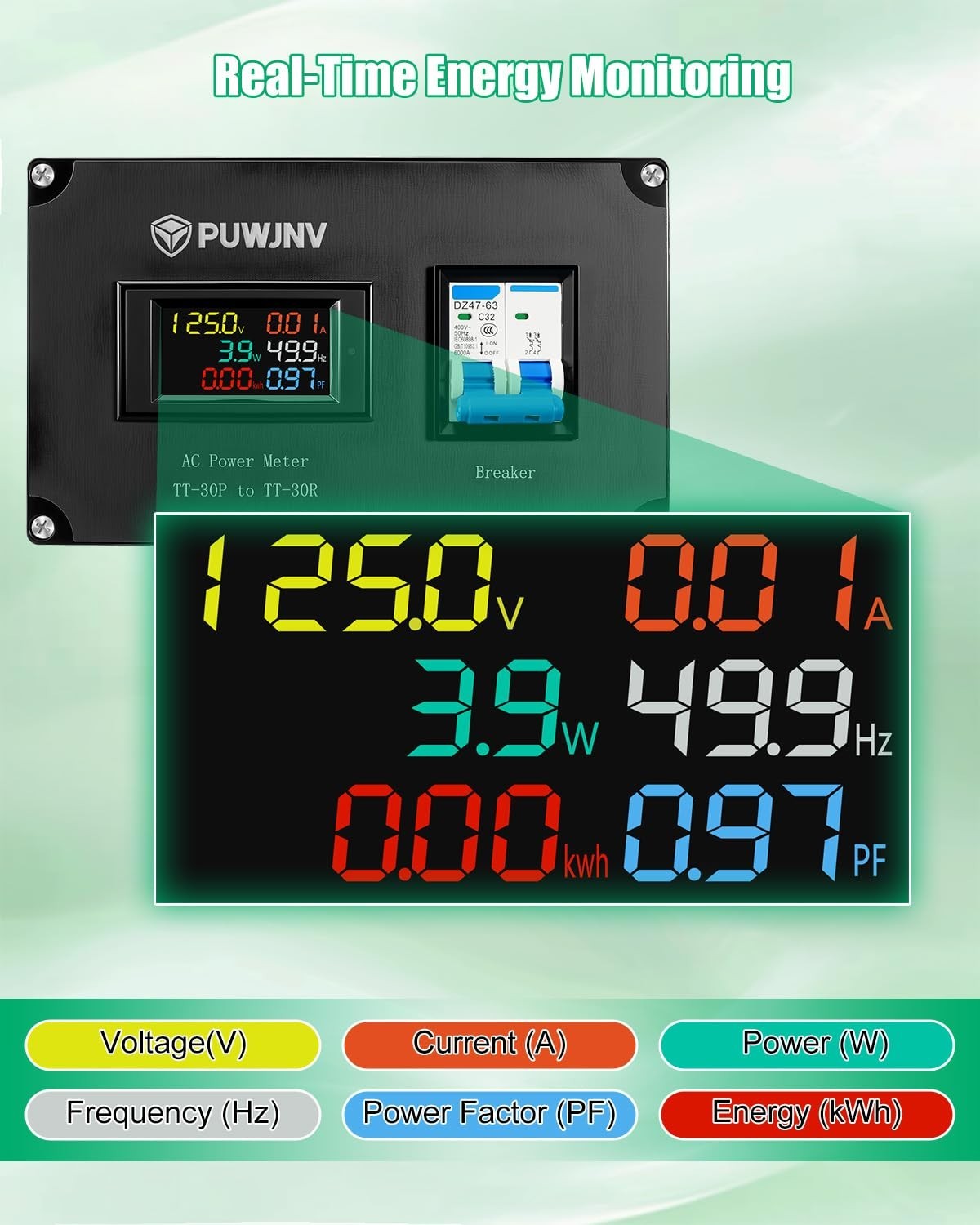 30A AC Power Meter, 125V NEMA TT-30P Energy Monitor, LCD Digital Multimeter, Vol