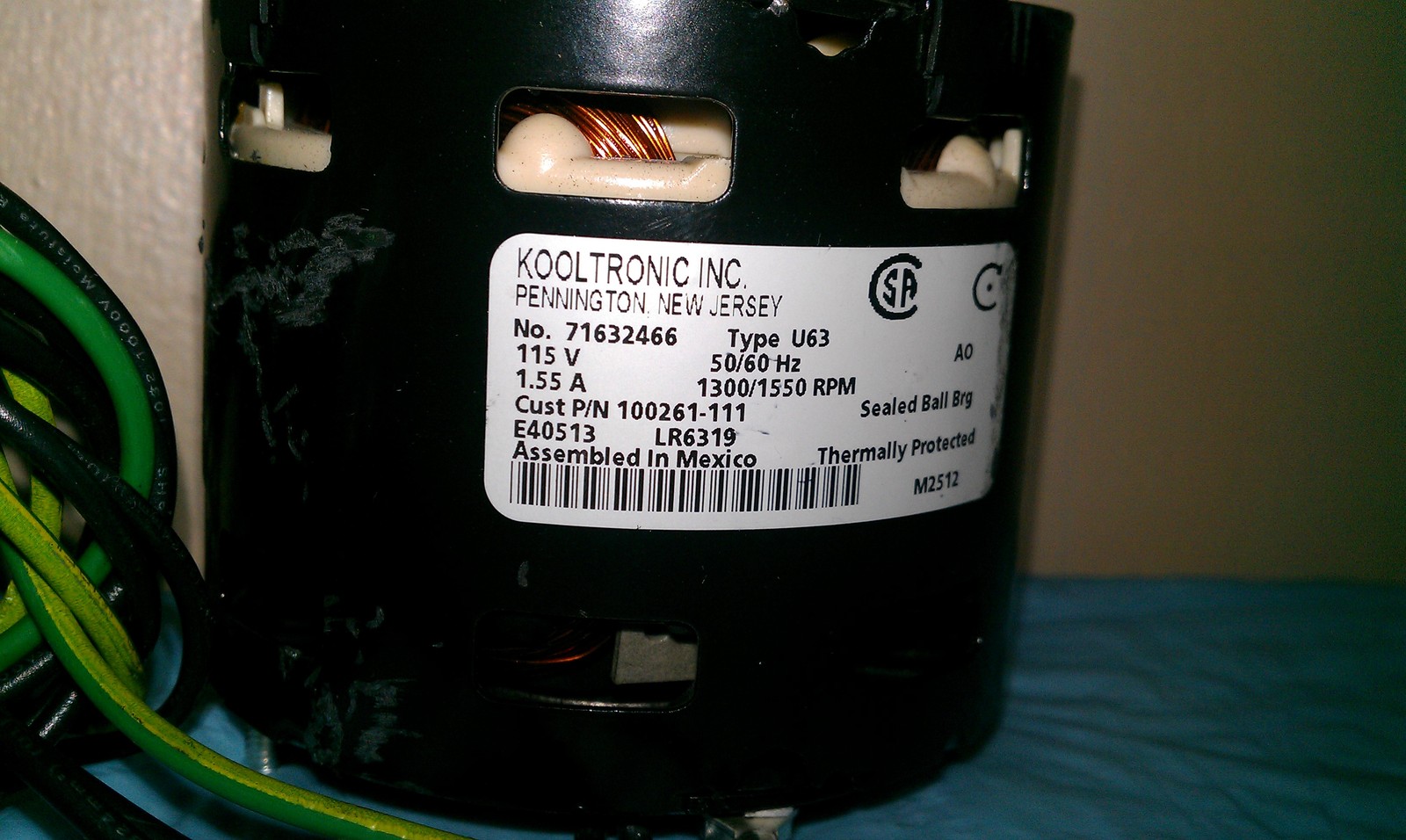 100261-111 KOOLTRONIC motor 115v 1.55a 1300/1550 rpm type U63