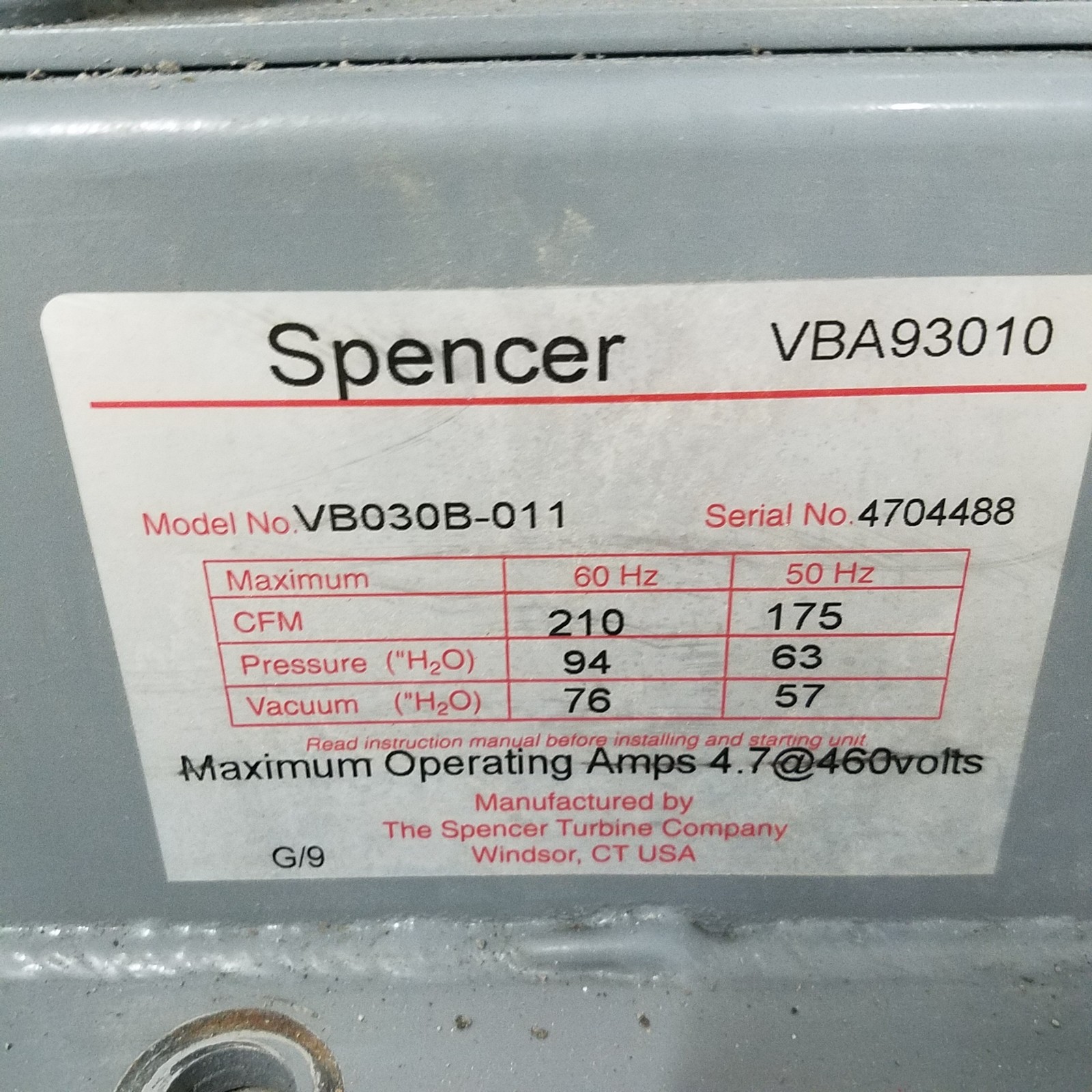 Spencer Vortex VB030B-011 Regenerative Blower, 210CFM, 4HP, 200-230/460V AC.