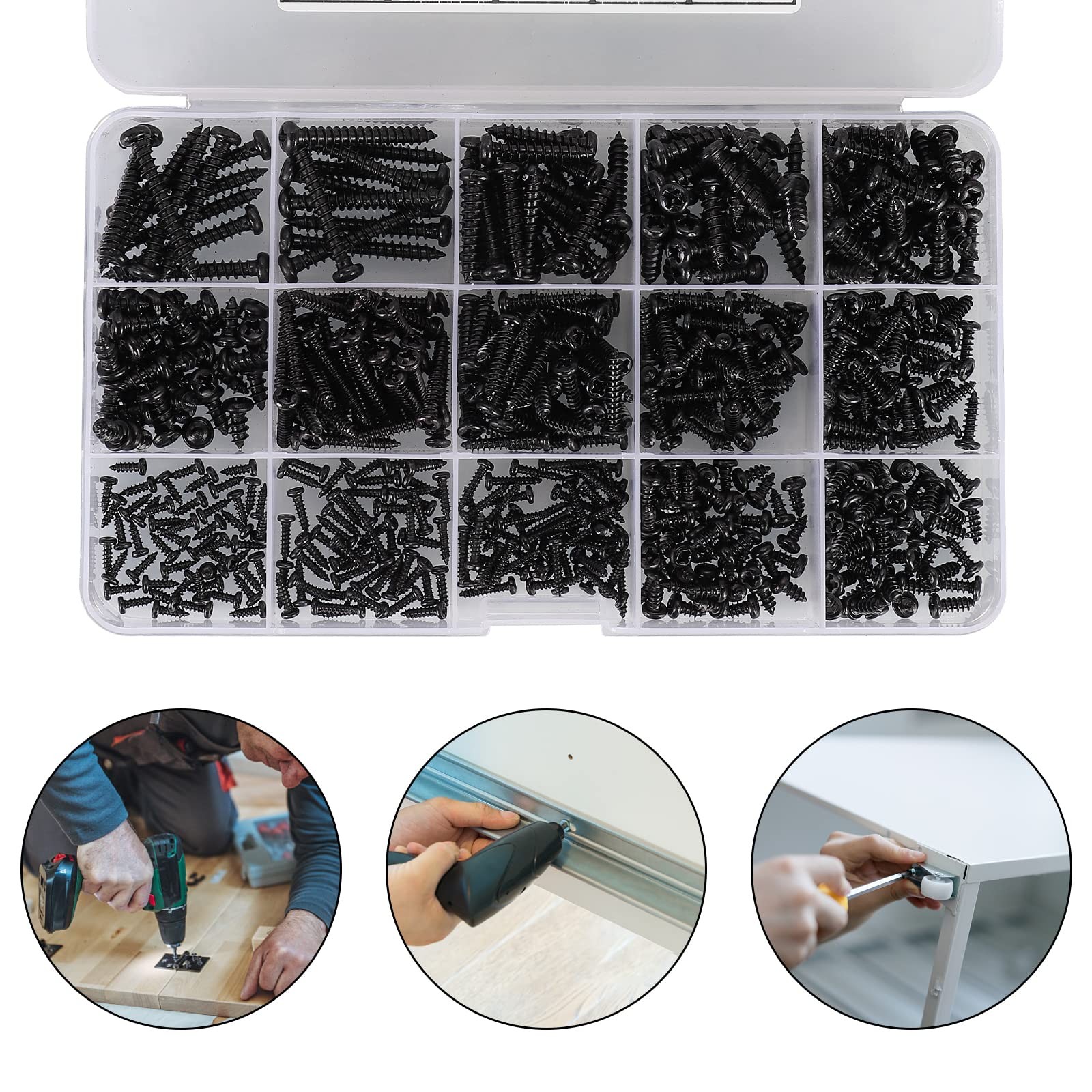 625pcs M2-M4 Phillips Pan Head Self-Tapping Screws Assortment Kit Black