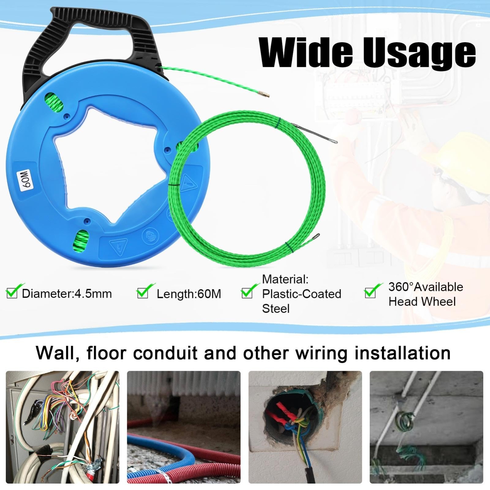 Non-Conductive Fish Tape Wire Puller 196FT with 7 Adapters | Fiberglass Electric
