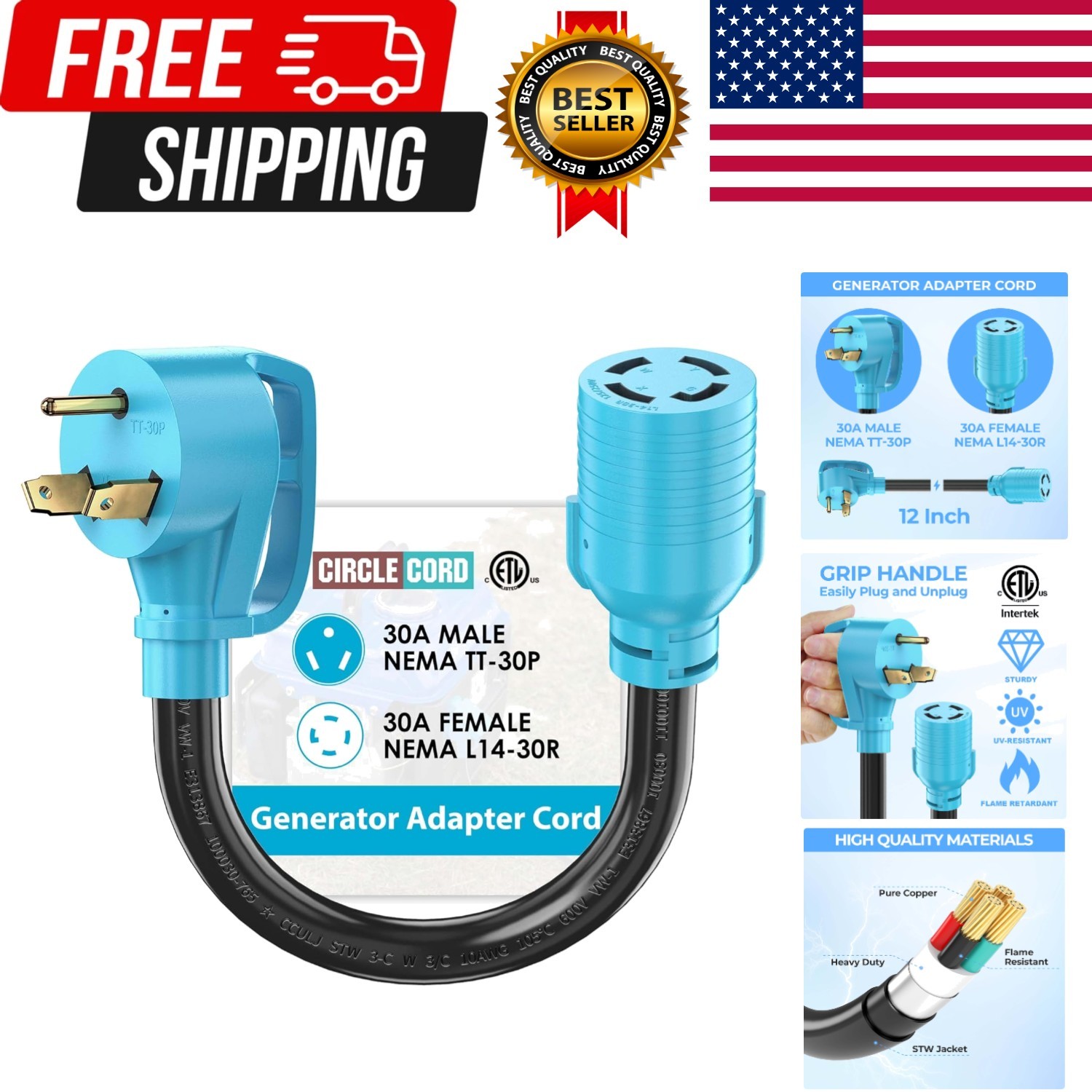 NEMA TT-30P to L14-30R Adapter Cord, 30 Amp 3 Prong to 4 Prong Generator Plug…