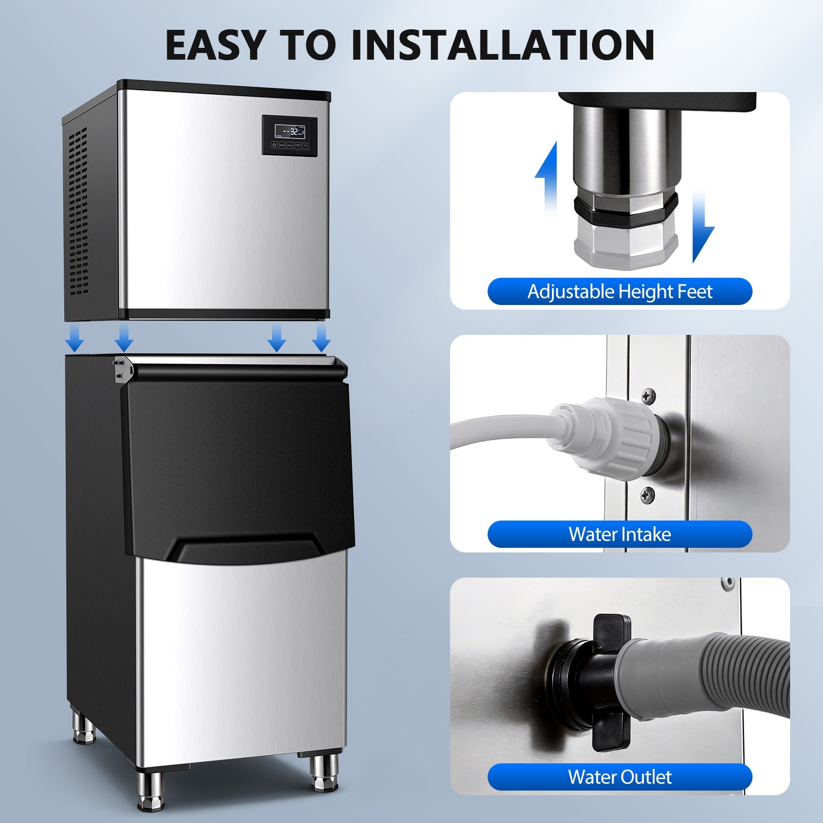 Zomagas Ice Maker 450lbs Daily 250lbs Storage Defrost Self Clean 156 Pcs Cycle