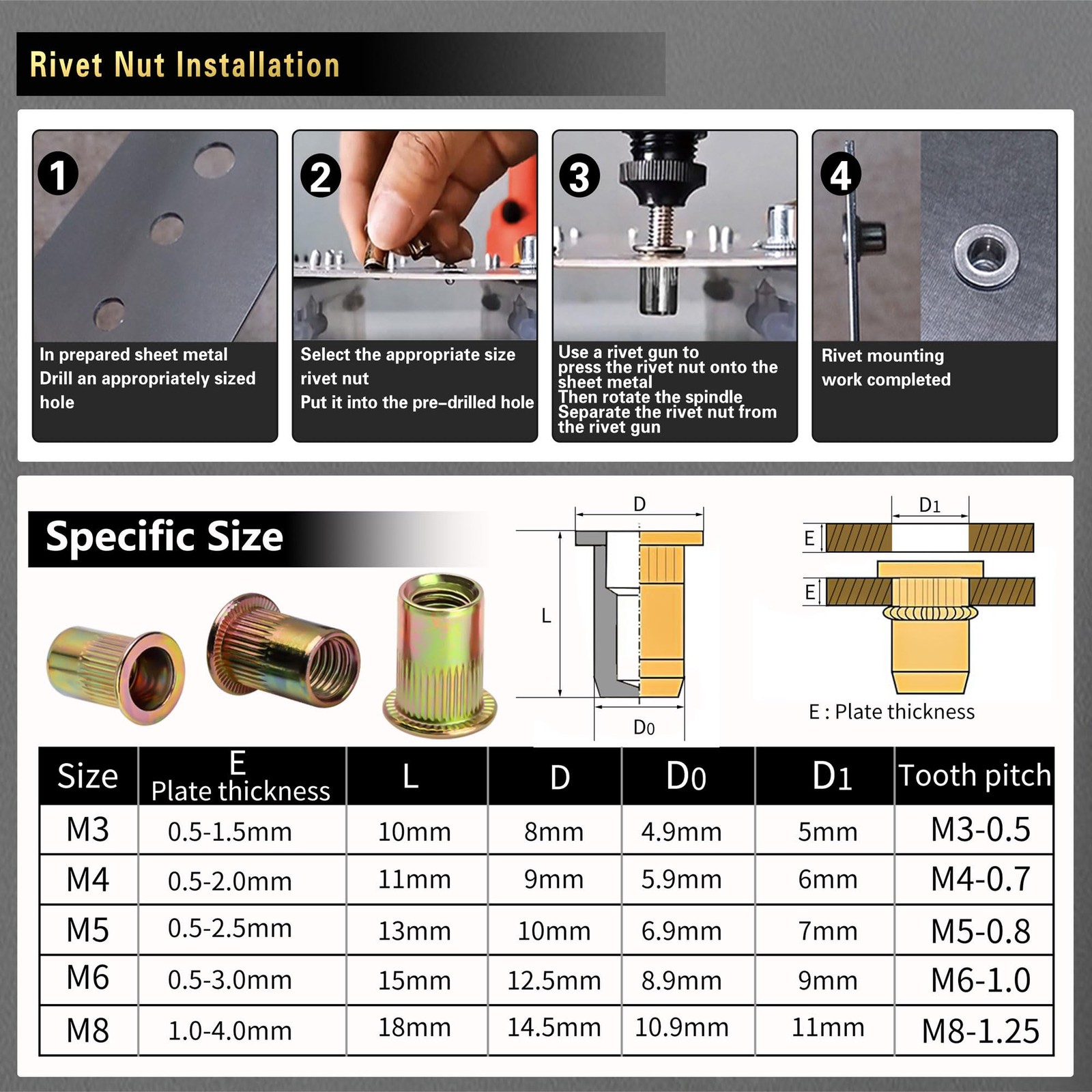 Rivet Nut Tool Kit 490Pcs Black Metric M8 M6 M5 M4 M3 For Automotive Marine Indu