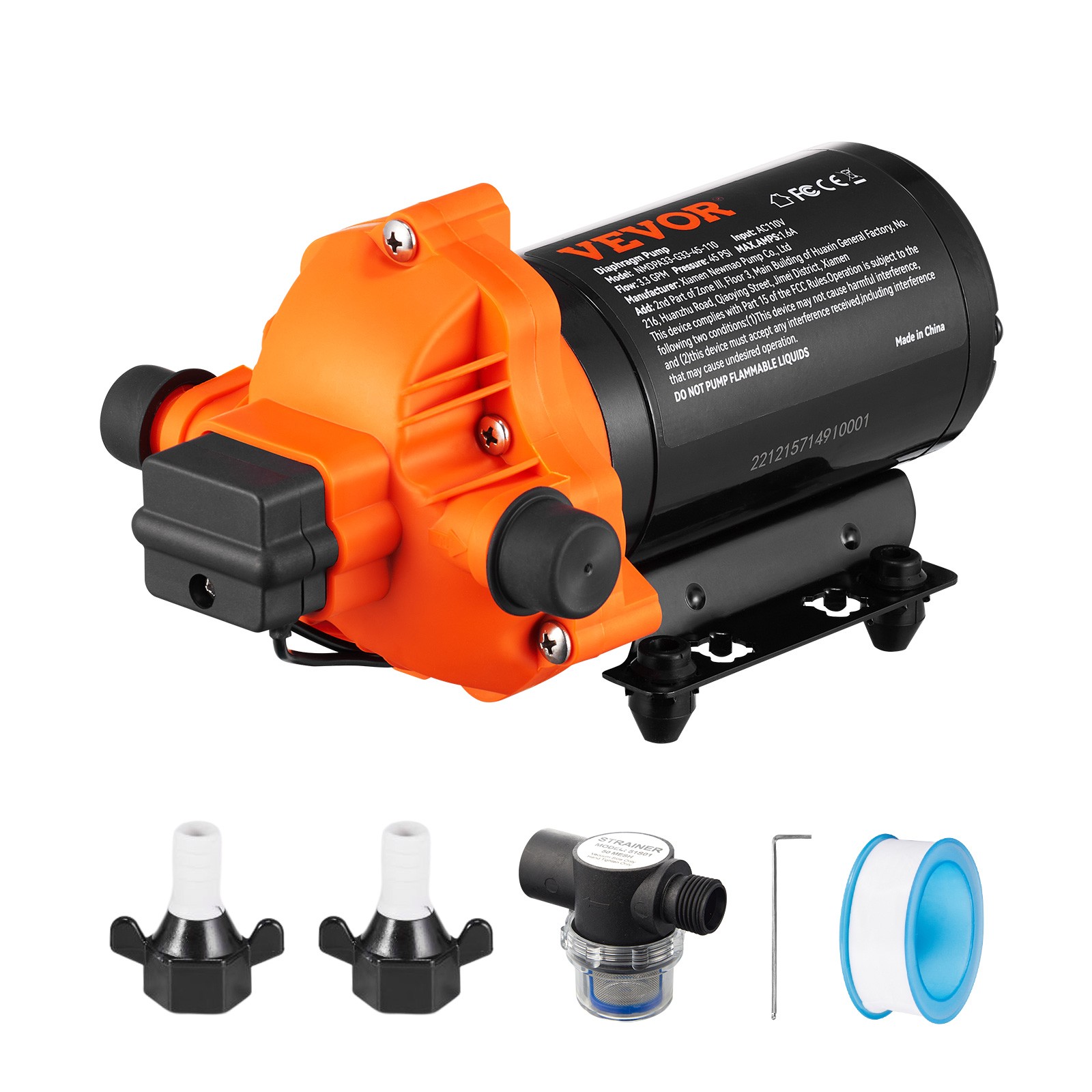 VEVOR 110V Water Pressure Diaphragm Pump Self-Priming Pump 45 PSI 3.3GPM Boat RV