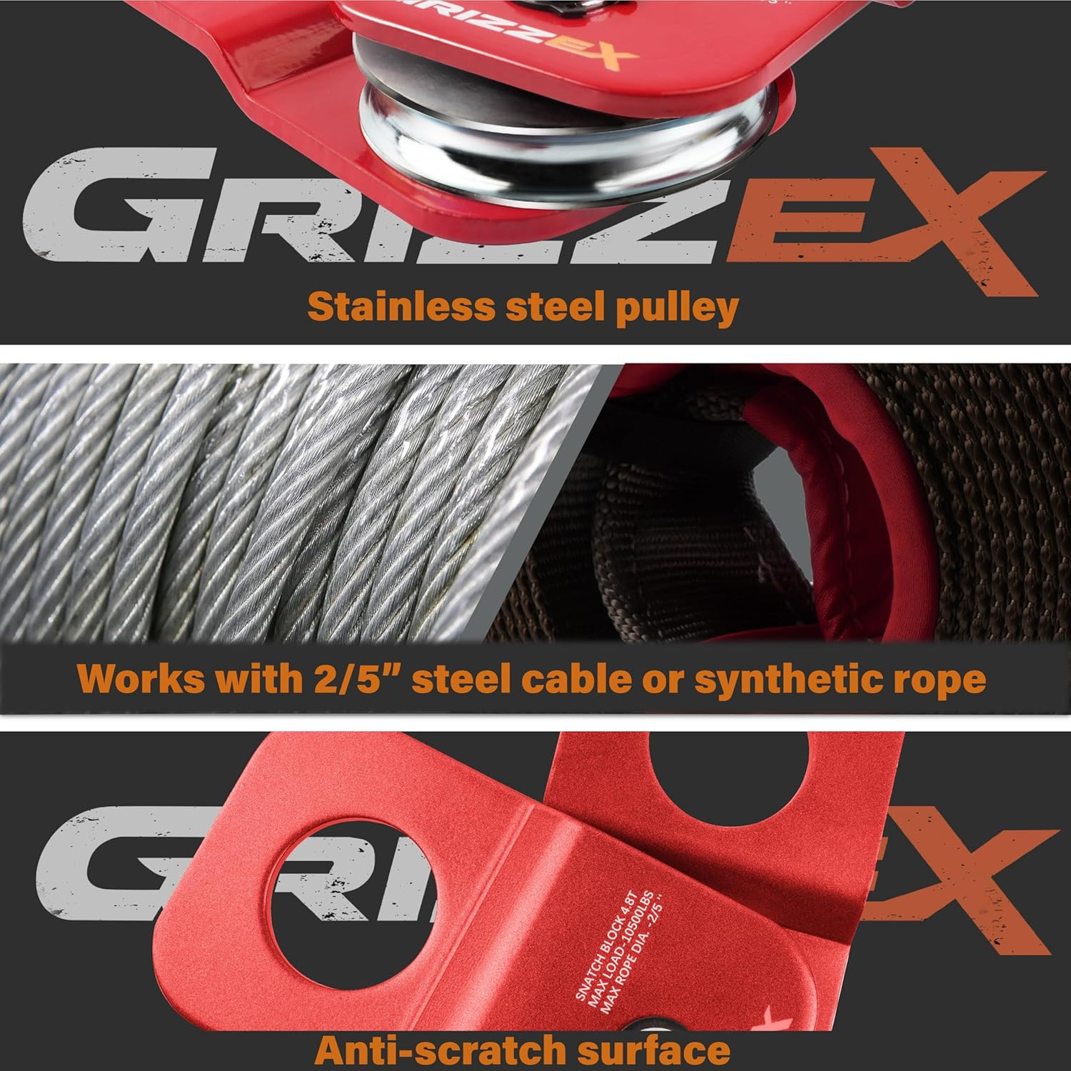 4.8T Heavy Duty Winch Snatch Block, 10,500 Lbs Working Load, for Synthetic Rope