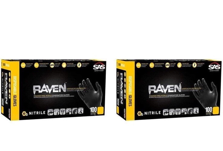 SAS RAVEN Black Nitrile Gloves Powder & Latex Free 7mil, 2 PACK/100/Box Size L