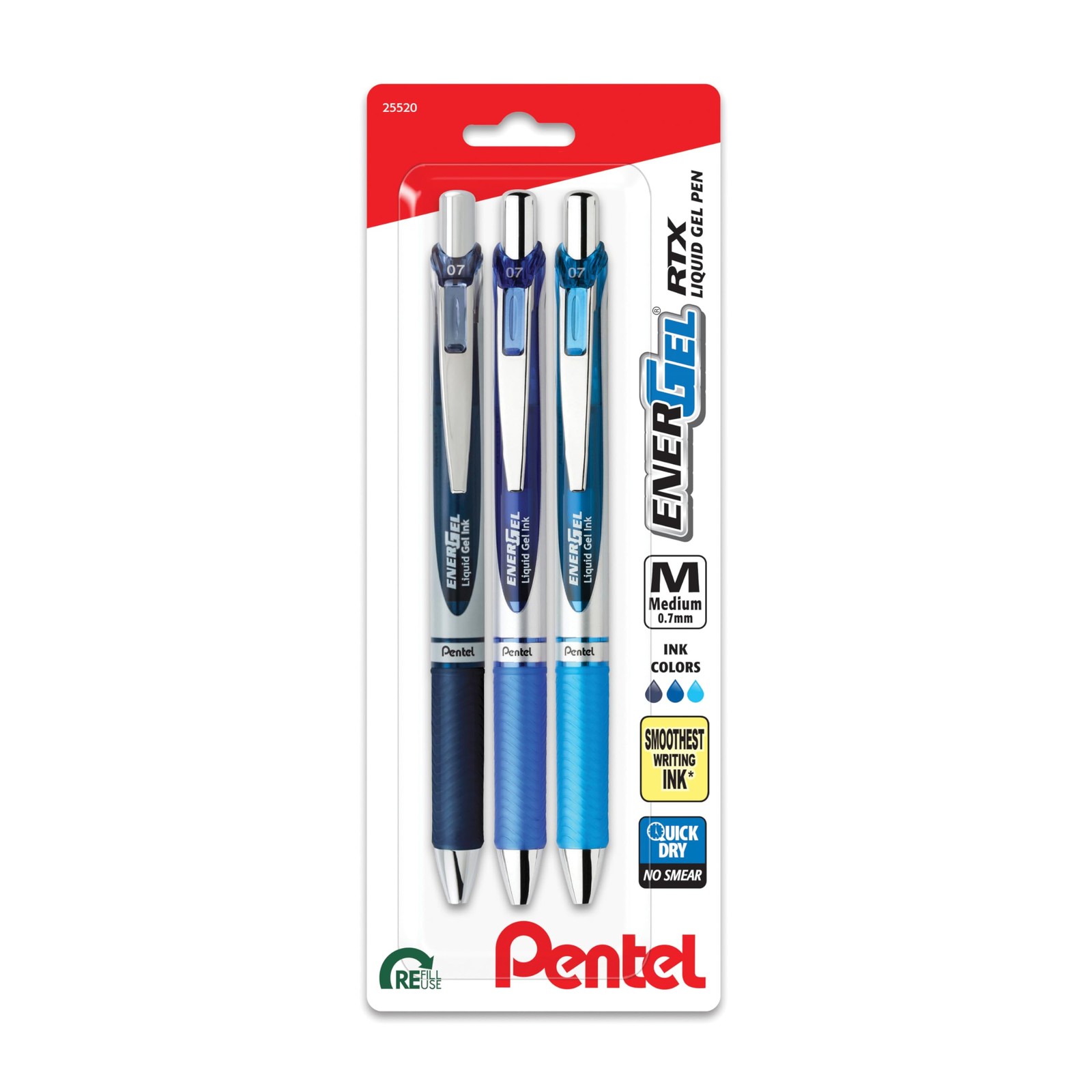 EnerGel RTX 0.7mm Liquid Gel Pens 3 Count Fast Drying No Smear Writing Tools