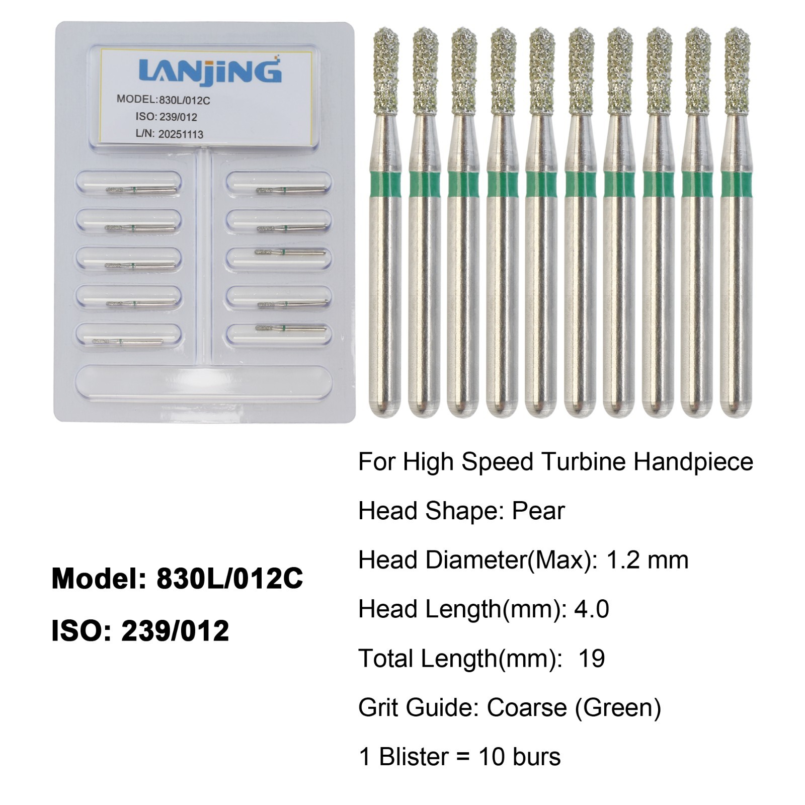 Dental Diamond Burs Pear Bur Coarse 830L/012C FG High Speed Friction Grip