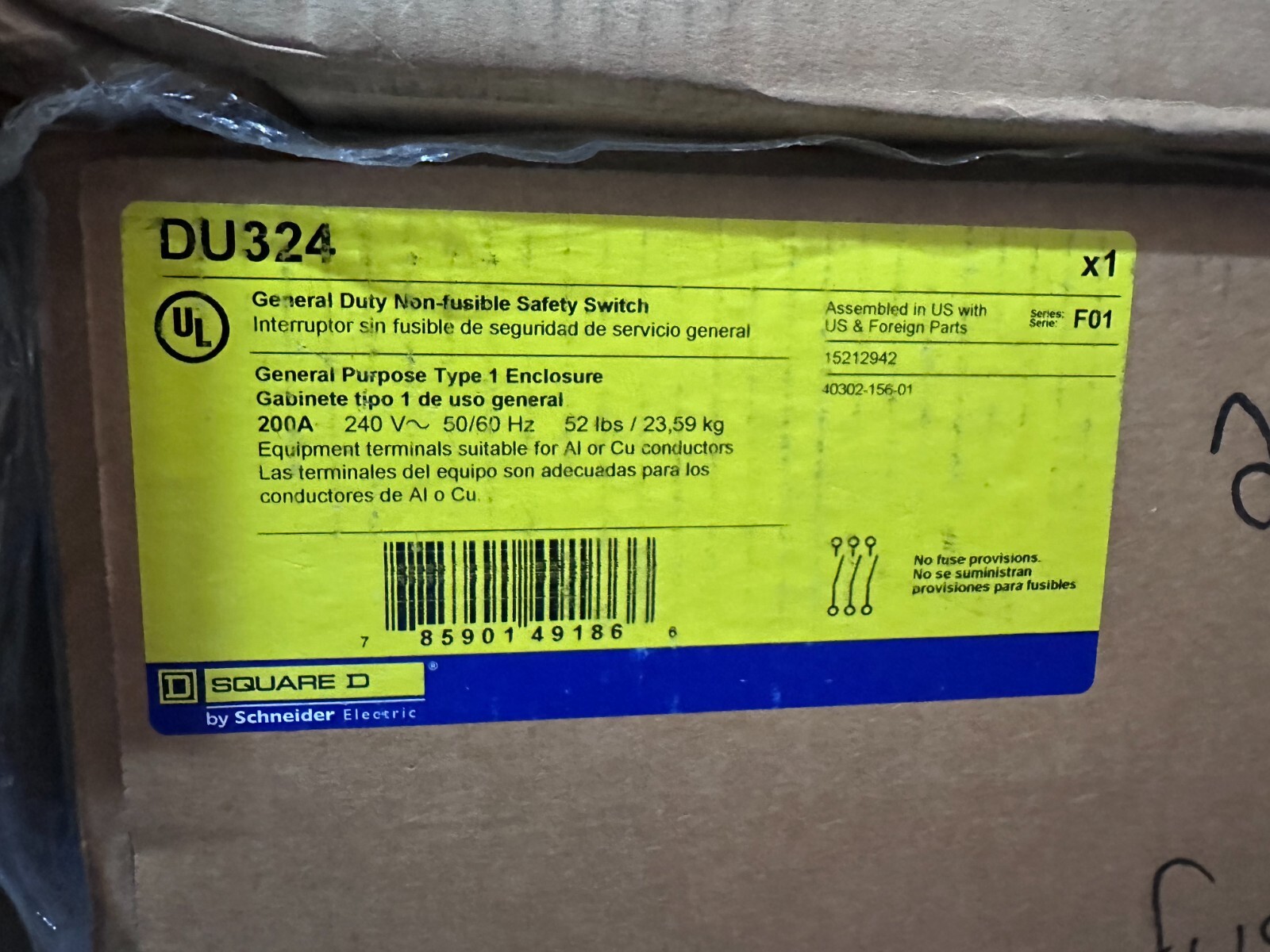 Square D DU324 INDOOR 3P3W 200A 240V Non-Fusible Safety Switch