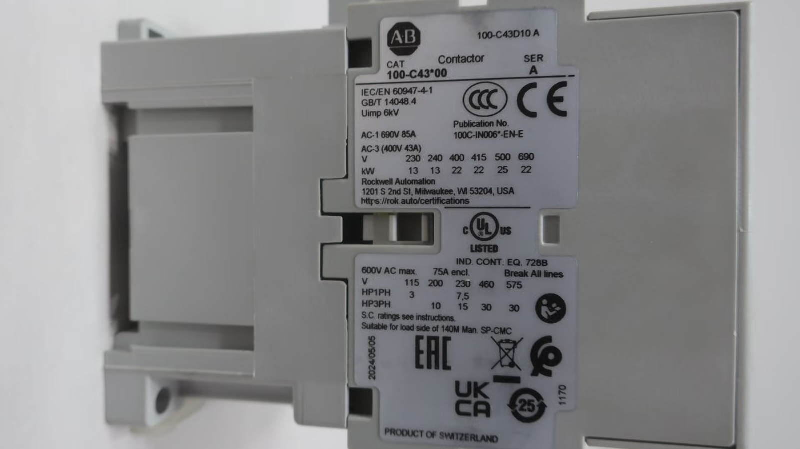 Allen Bradley 100-C43D10 Ac Contactor 30hp 75a Amp 120v-ac