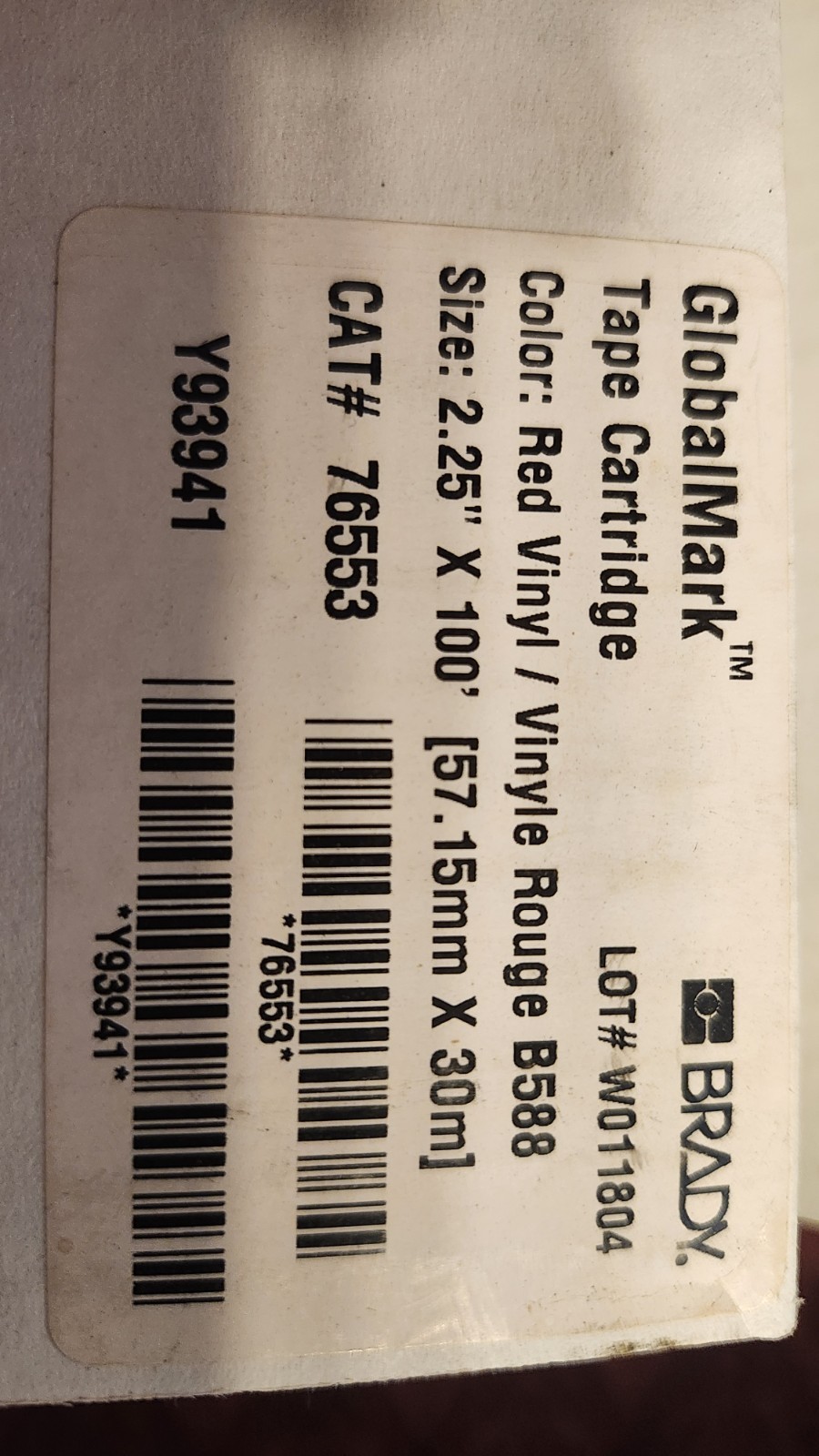 Brady 76553 Vinyl Red Label Tape Cartridge 2.25″ x 100′ GlobalMark Y93941 B588