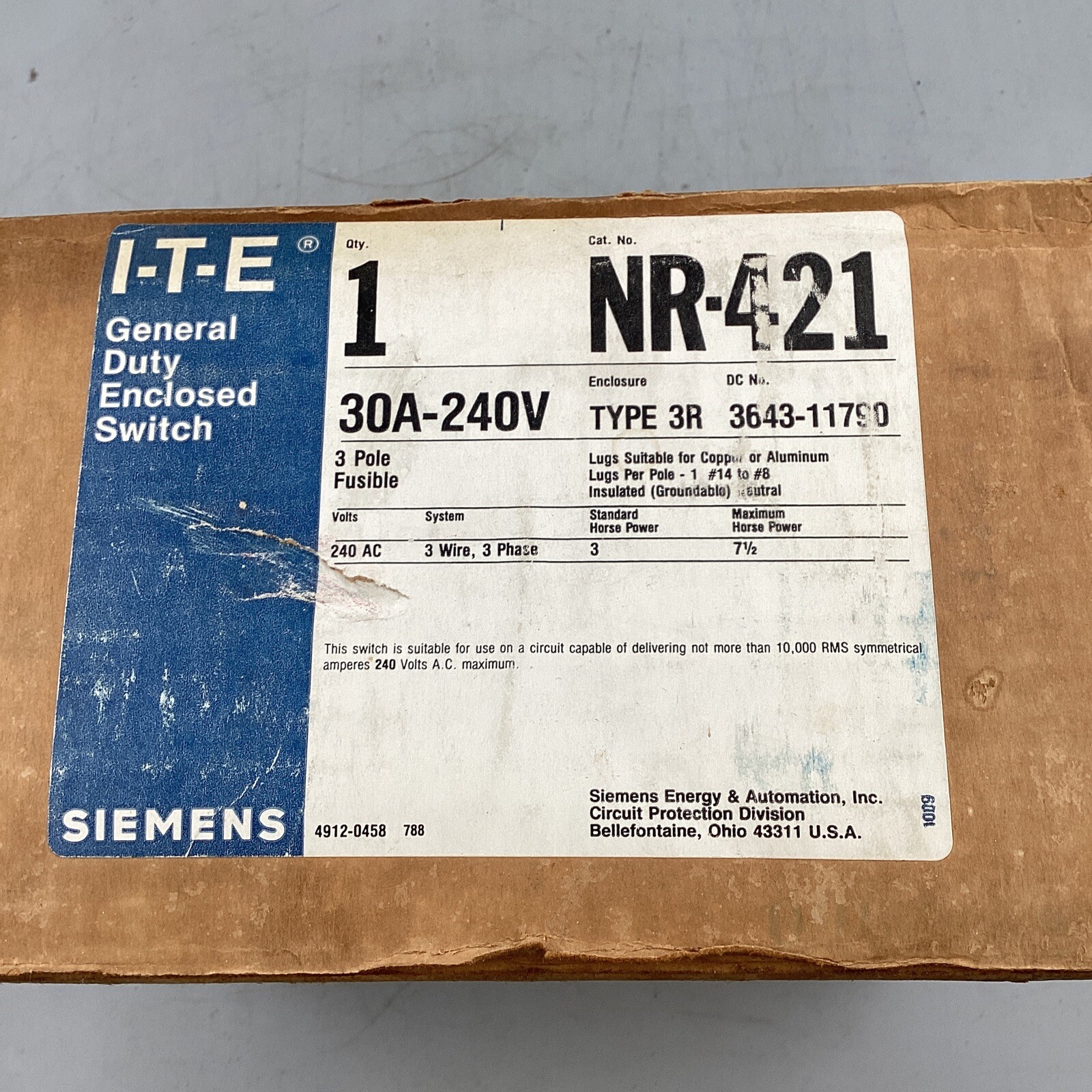 HOUSTON STOCK NEW SIEMENS NR421 DISCONNECT SWITCH 30A 240V NEMA 3R FREE SHIPPING