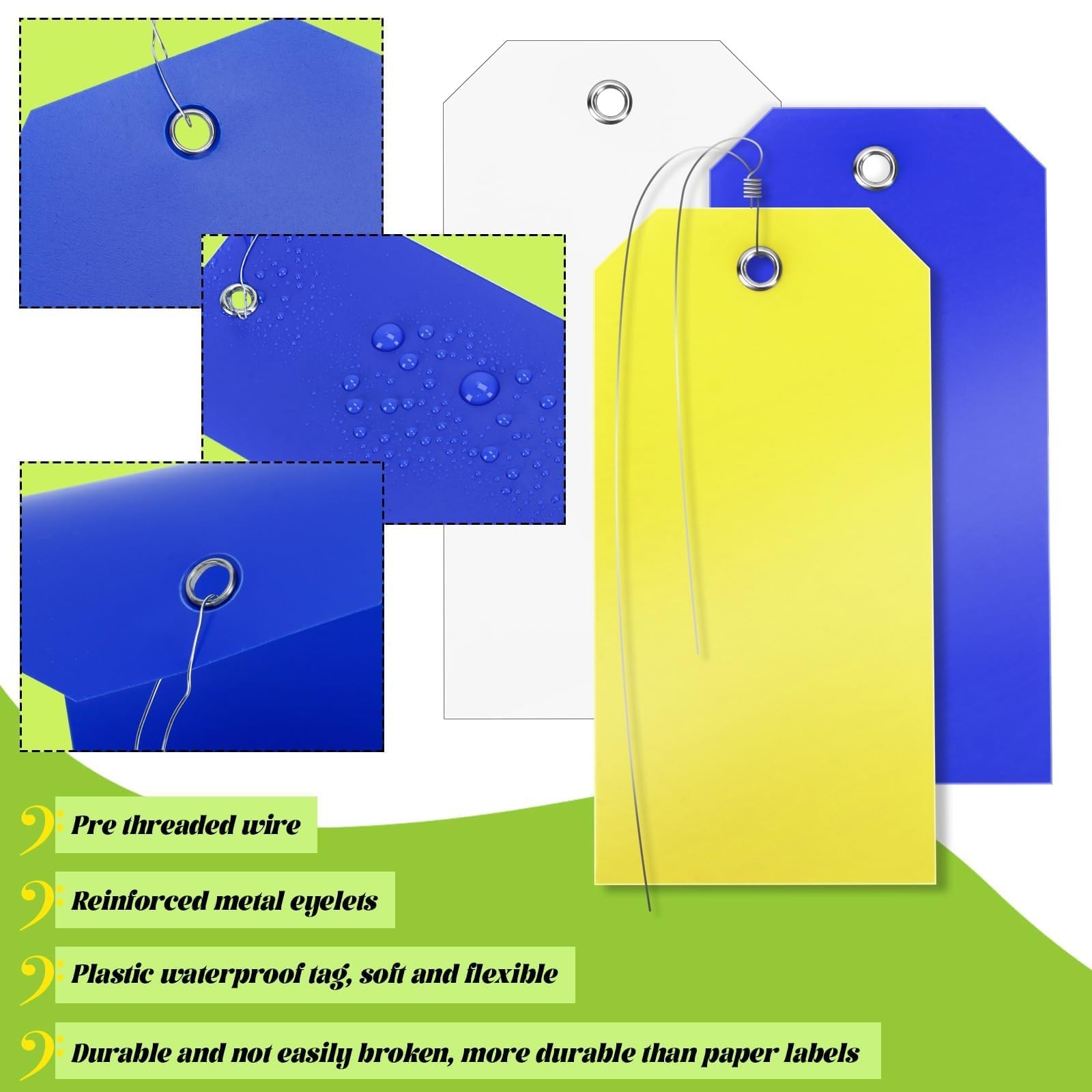 100 Pcs Plastic Tags with Wire 4.72 x 2.36 inch, Red Yellow Blue Green White