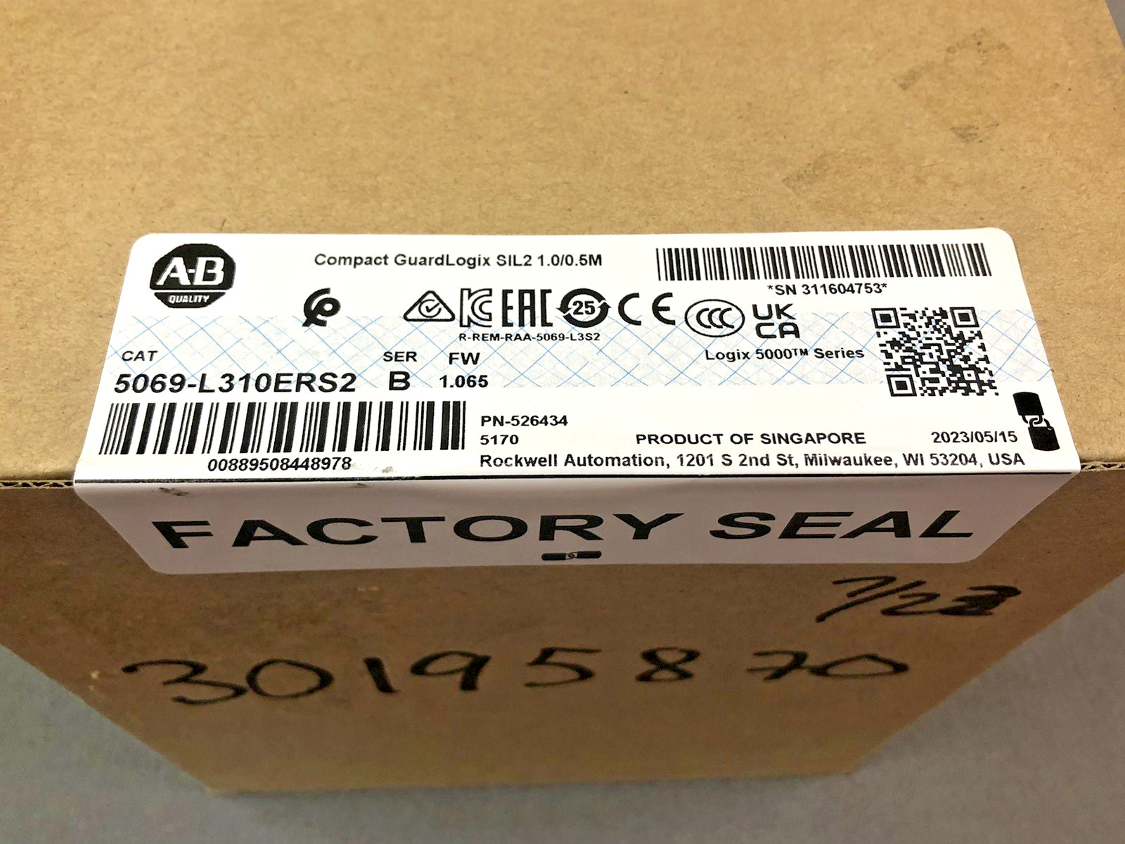 (1) Allen-Bradley 5069-L310ERS2 Compact GuardLogix Safety Controller (Factory)