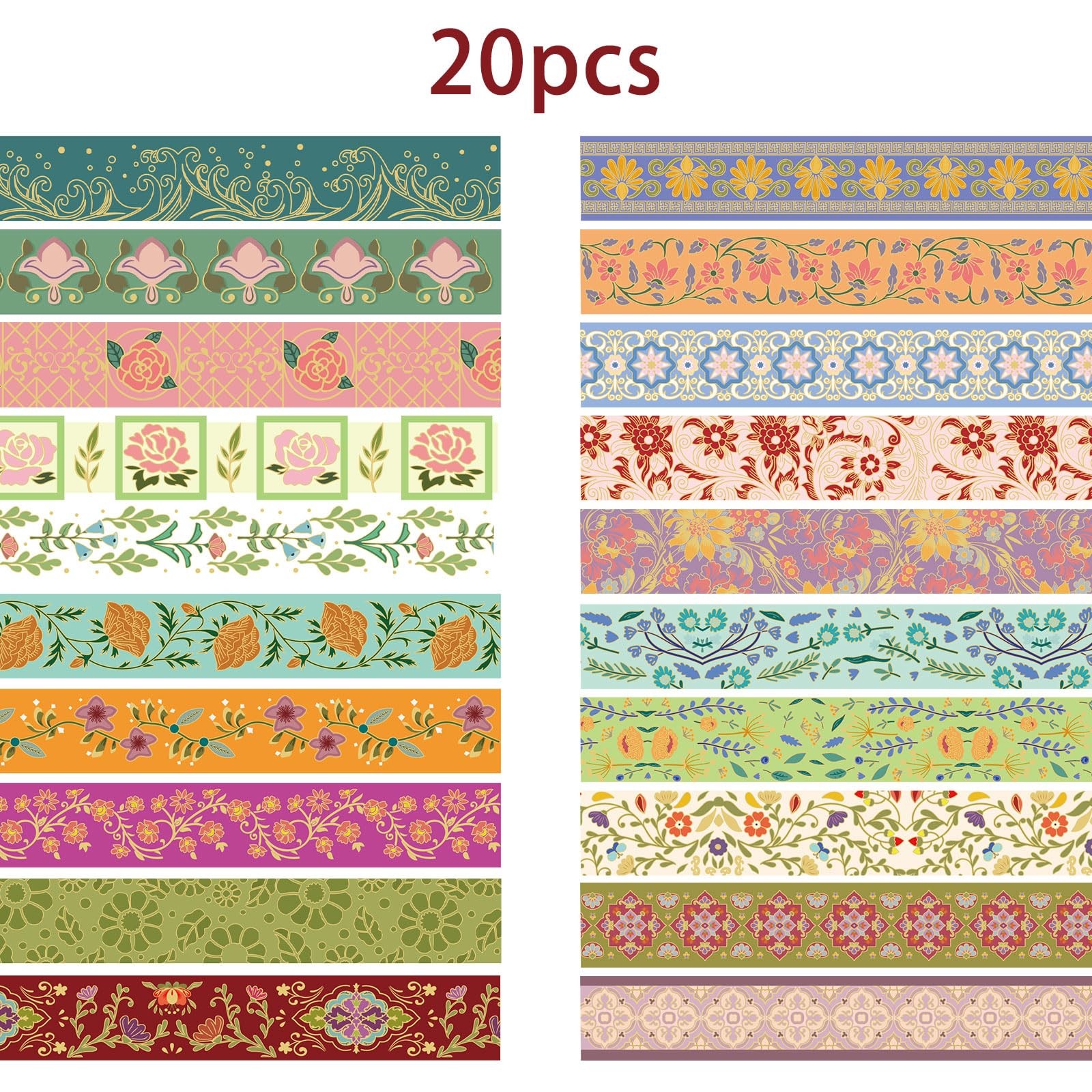 Washi Tape Set 20 Rolls Gold Foil Floral Decorative Tape Vintage Aesthetic Maski