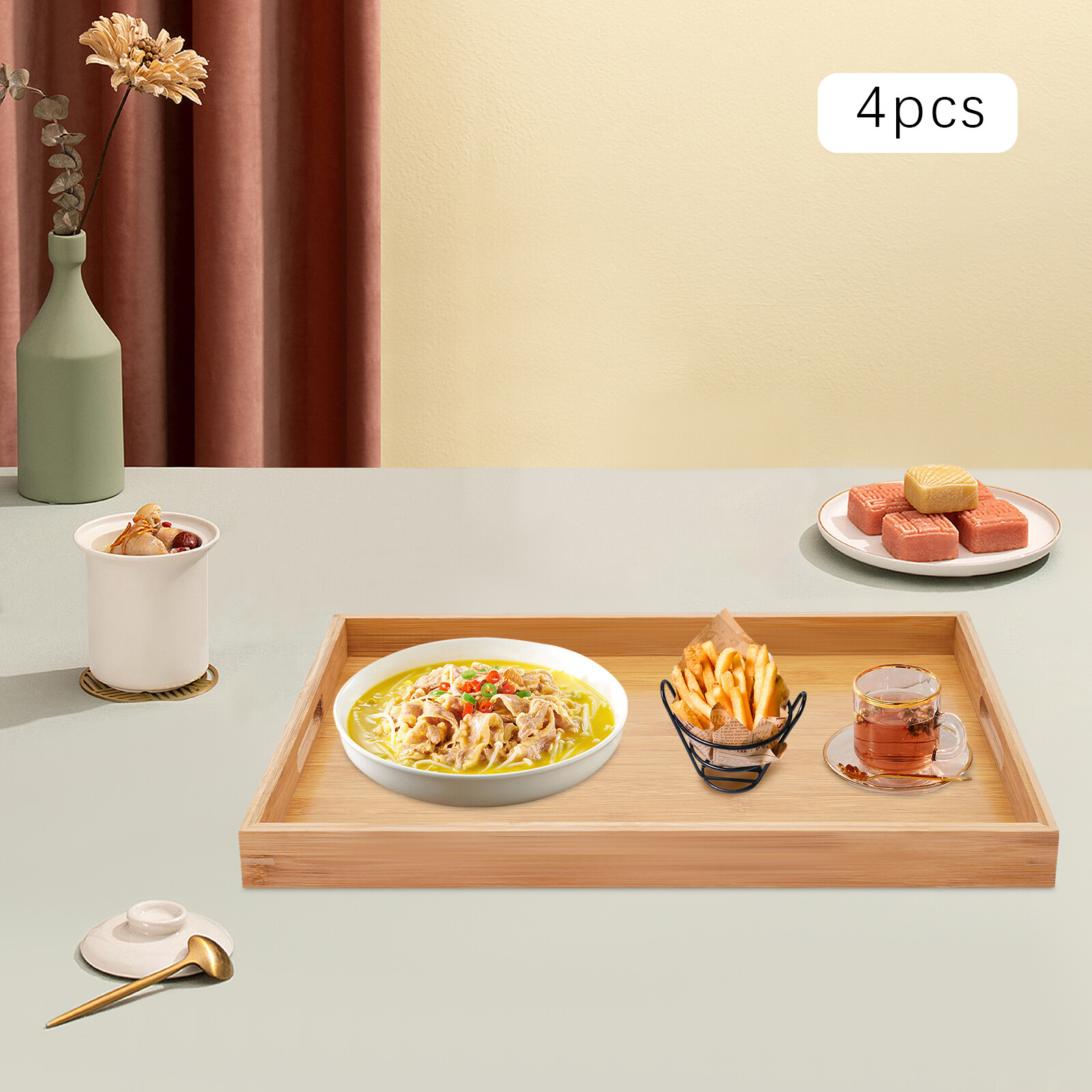 Bamboo Serving Trays 4-Piece Set Rectangular 18.1 × 13 × 1.4 In Log Color