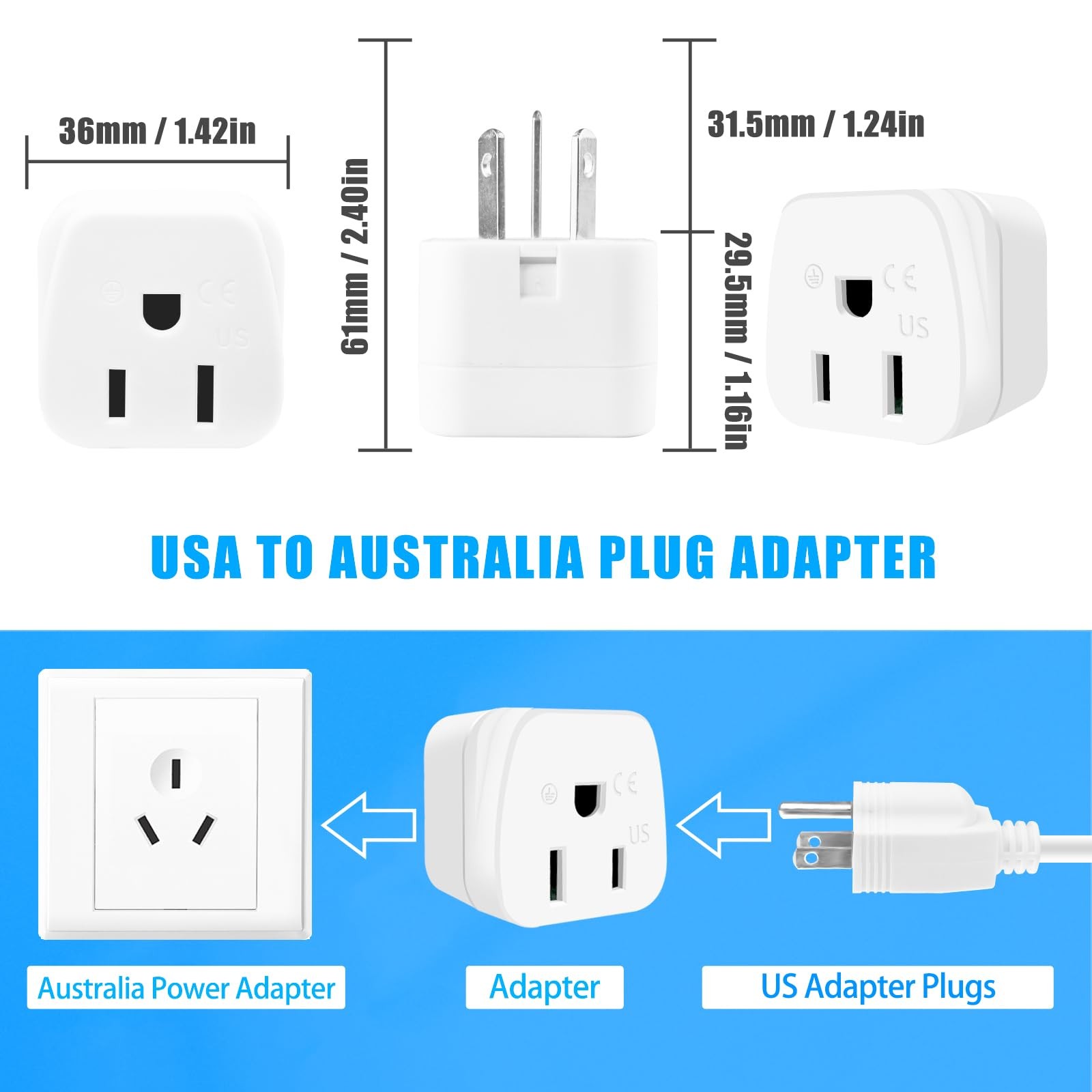 2 Pack US to Australia/New Zealand Plug Adapter, Type I Travel Power Adapter wit