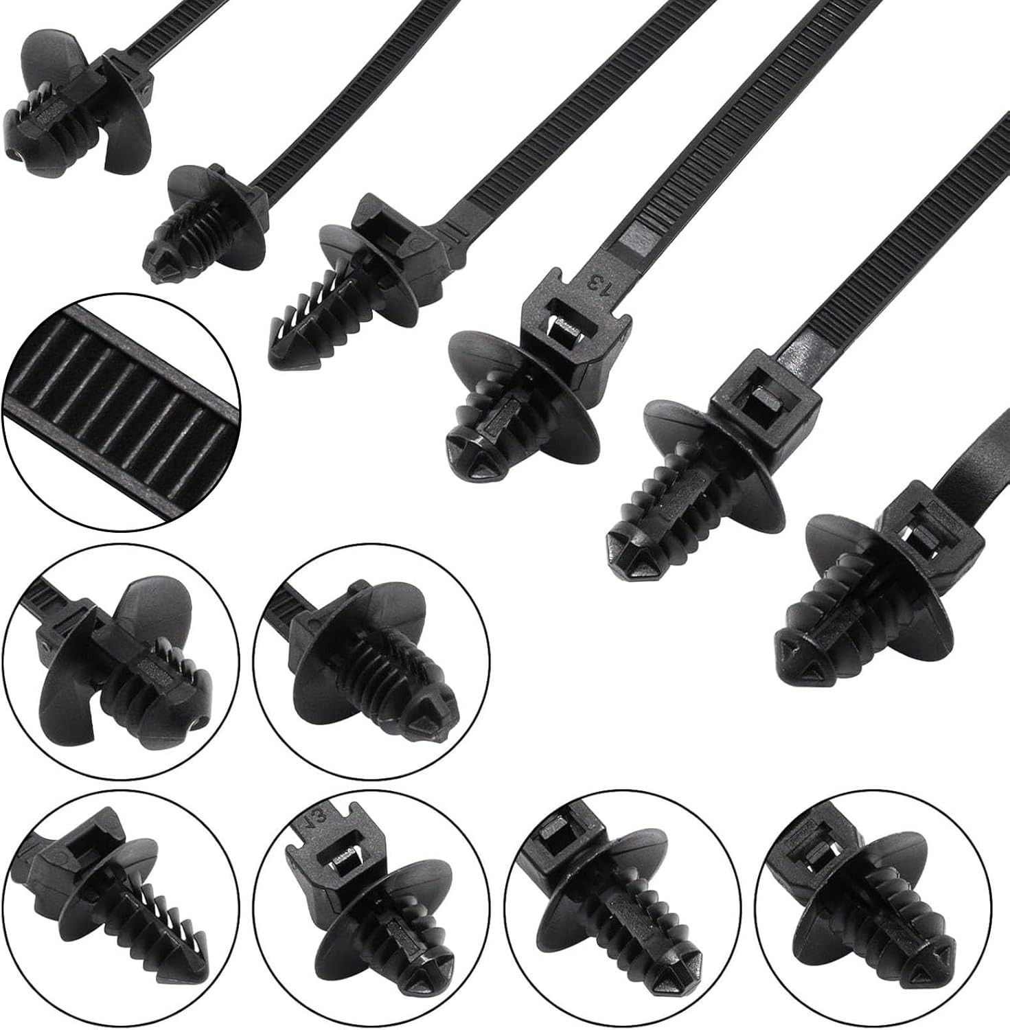 60PCS Push Mount Zip Ties Nylon Automotive Cable Ties Wire Harness Clips 6 Types