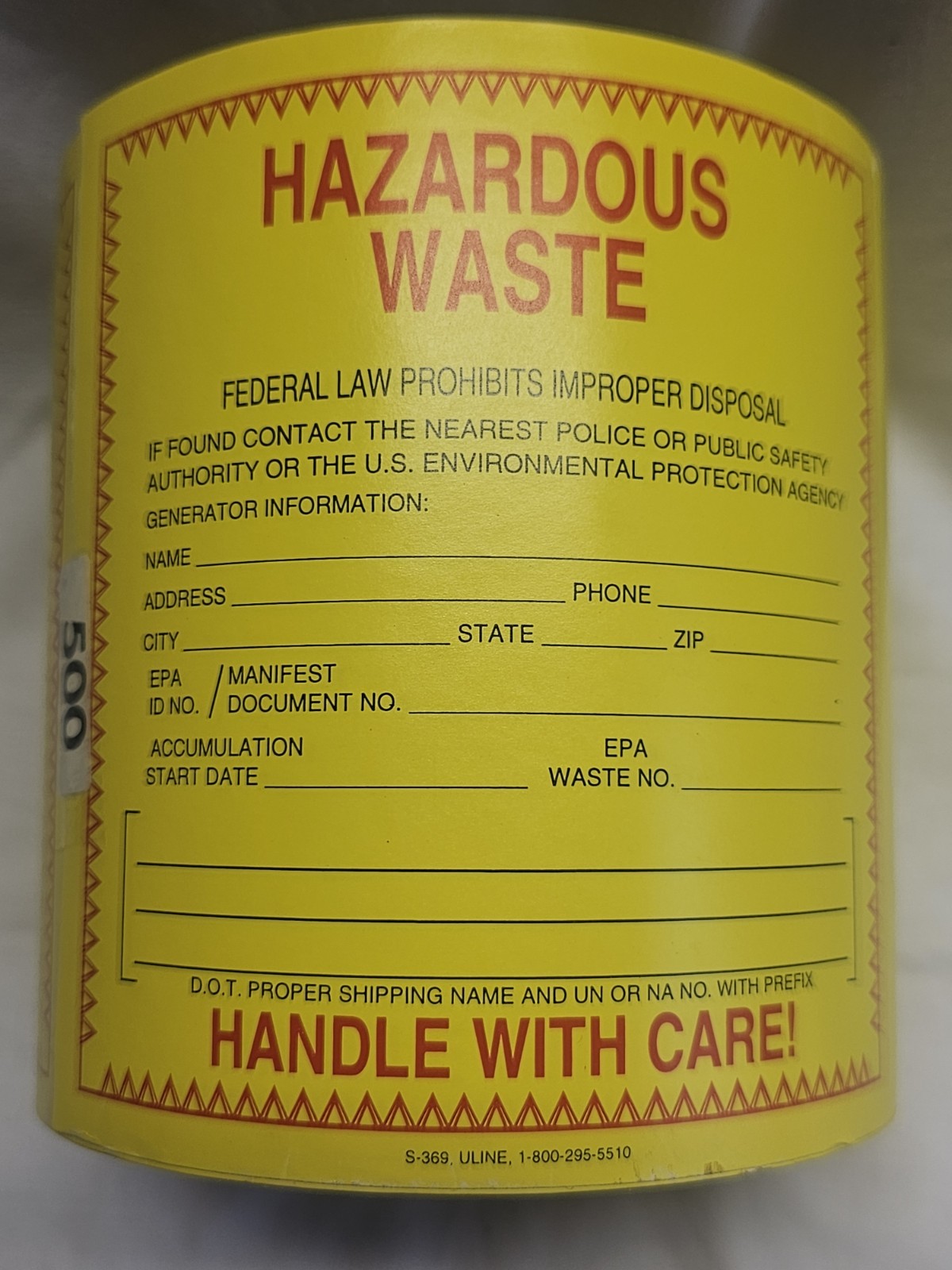 Uline S-369 Vinyl Hazard Labels Hazardous Waste 6″×6″ Adhesive Stickers Roll 500