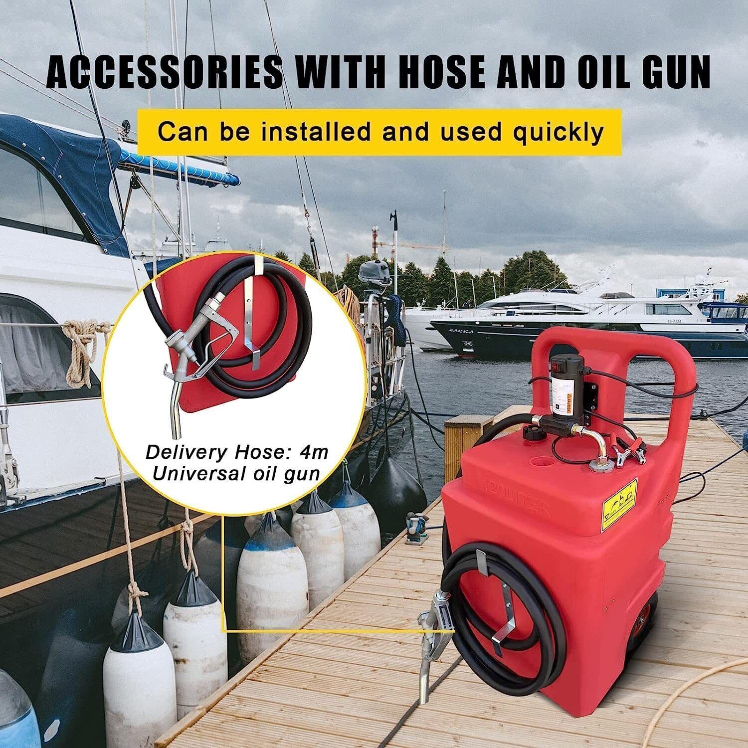 Portable 32 Gallon 120 L Fuel Tank with 12 V Diesel Pump 13 ft Delivery Hose Red