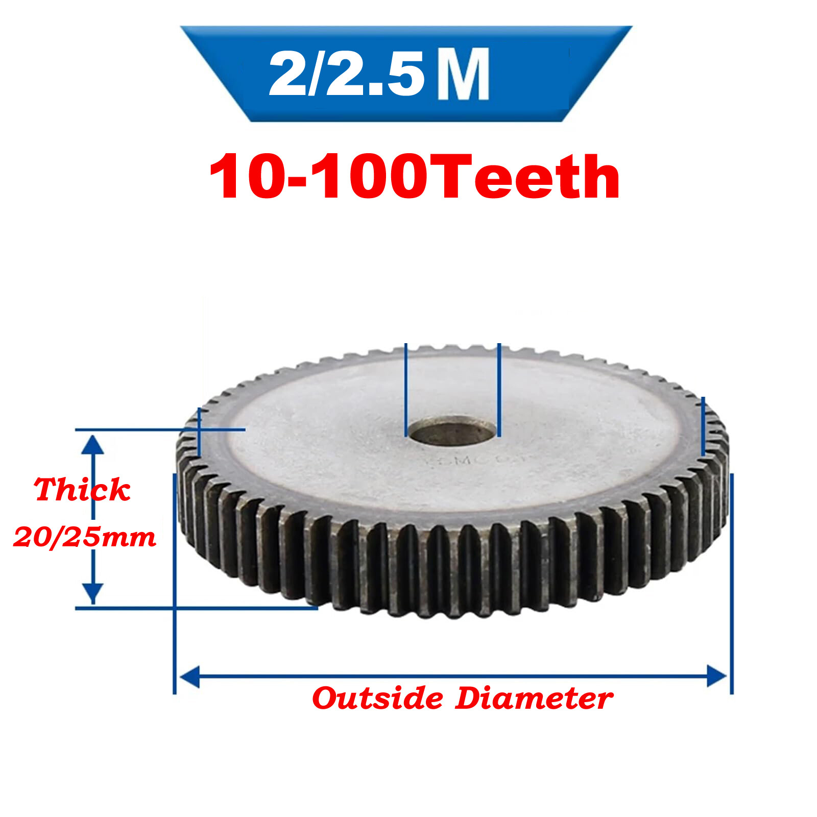 2/2.5 Mod 10T-100T Spur Gear 45# Steel Pinion Gear Thickness 2M-20mm 2.5M-25mm