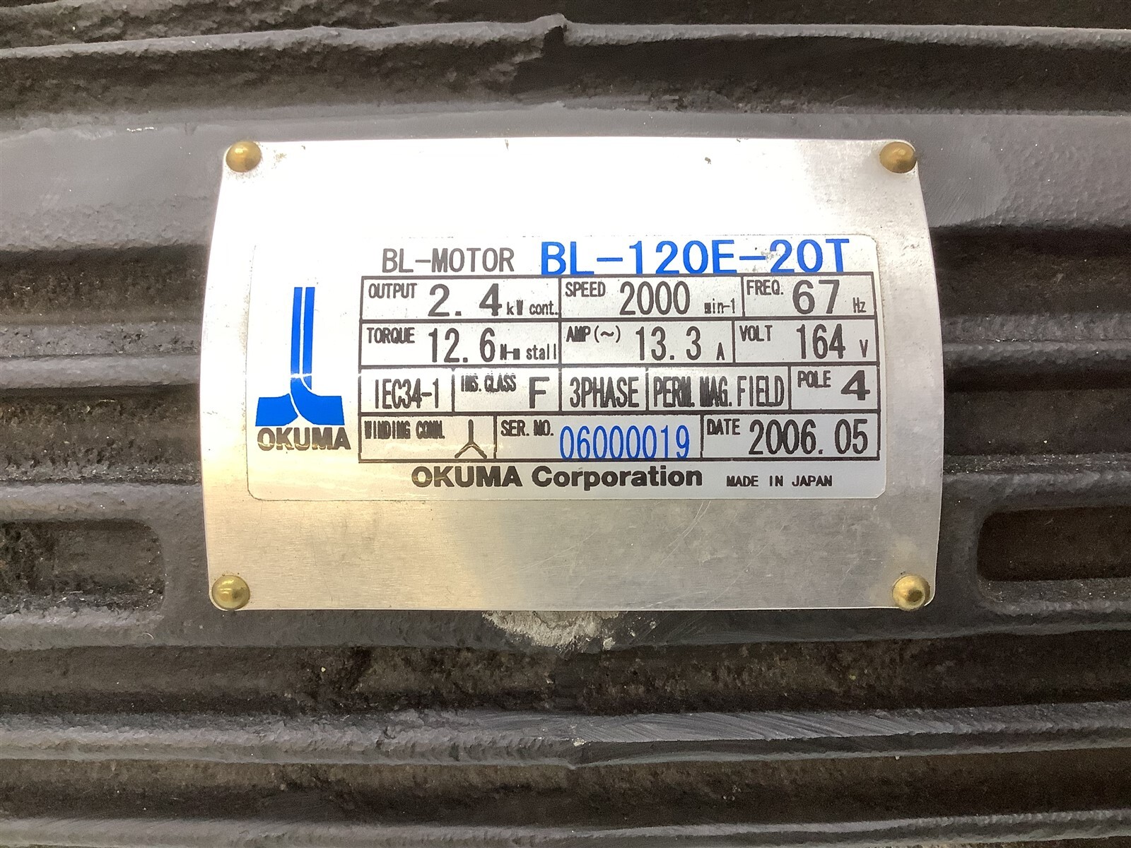Okuma BL-120E-20T 2.4kW 164V 2000 RPM 4Pole 3PH 67Hz