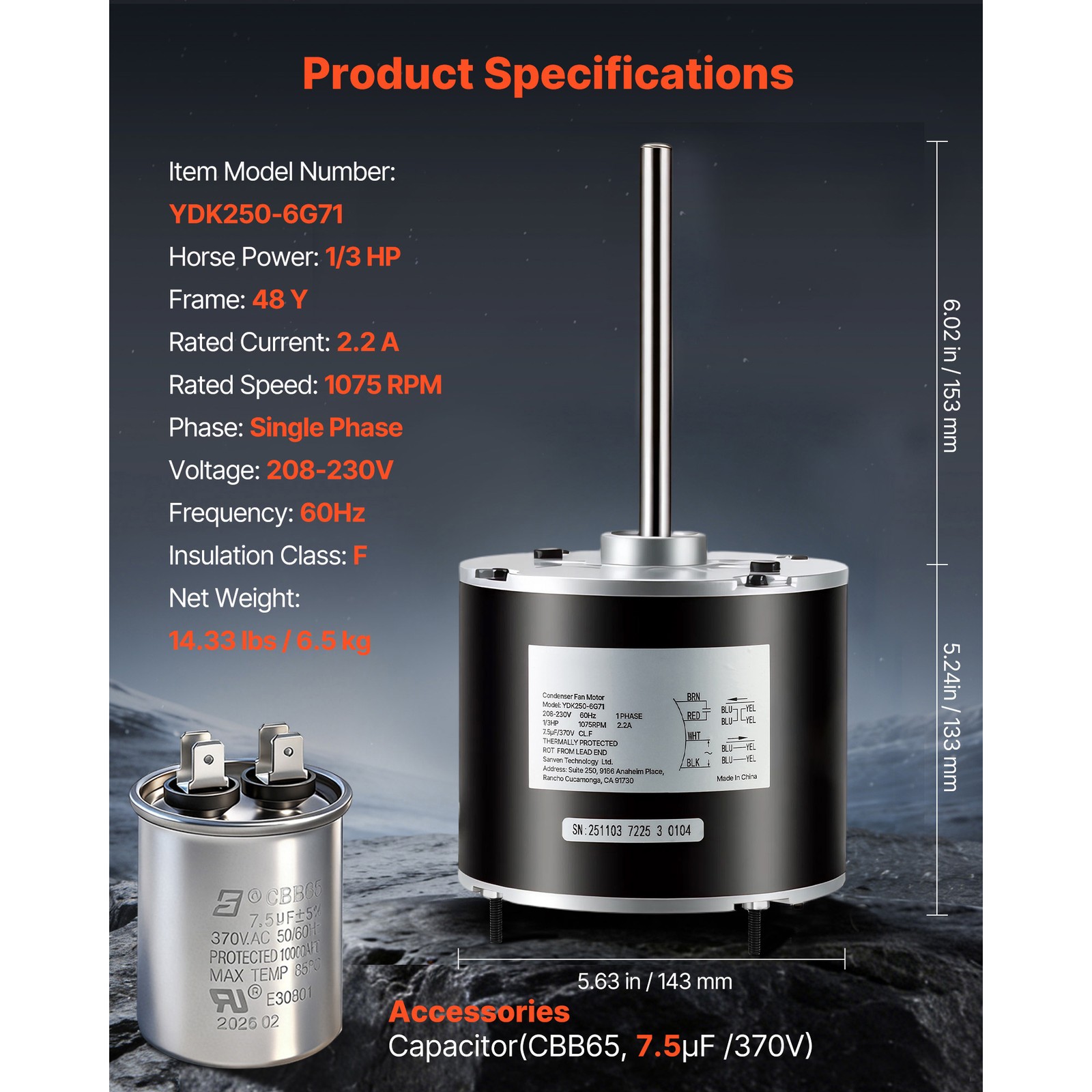 Uimoso Condenser Fan Motor with Capacitor 1/3HP 1075RPM 208-230V CW/CCW Rotation